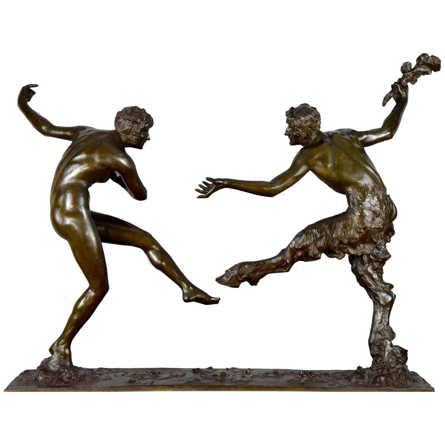 Unique Art Deco bronze sculpture of a nude en satyr dancing.
Impressive size. Measures: L: 42.5 inch.
This bronze was a special order for a friend of the artist.
Above the signature is written “Amicalement” which means “friendly”
Guiraud