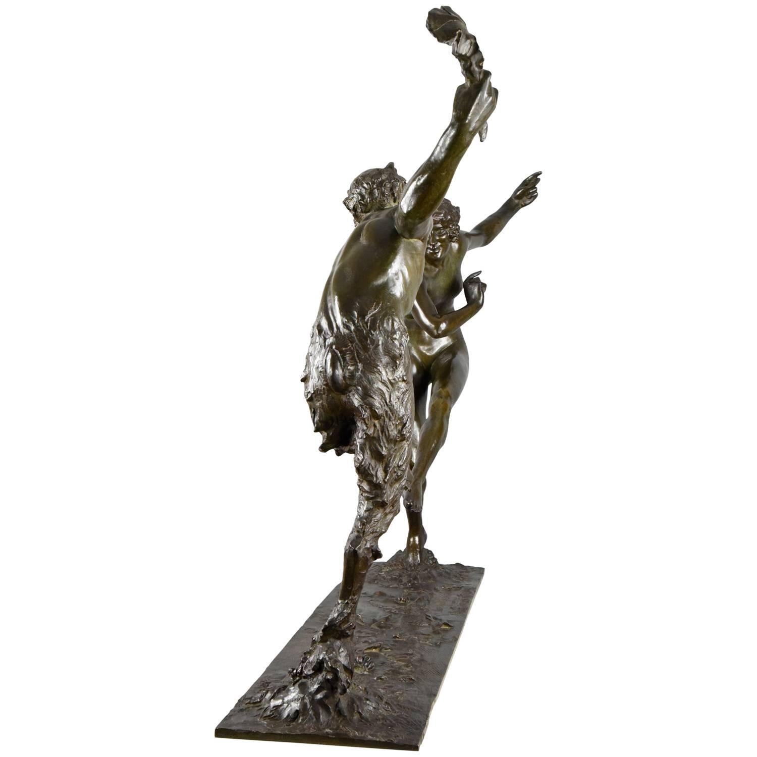 Patinated Huge Art Deco Bronze Sculpture Satyr and Nude by Guiraud Rivier 42.5 inch 1930