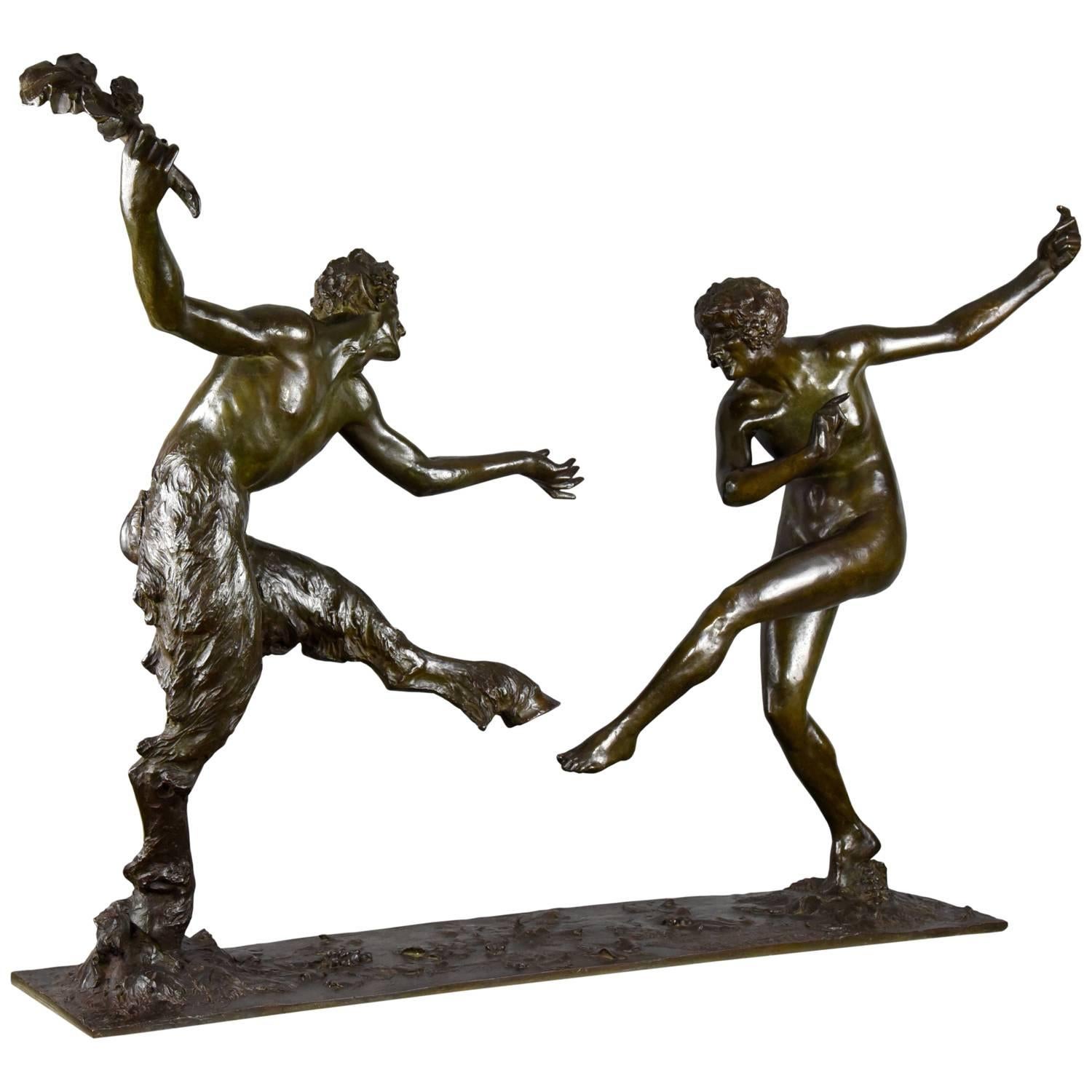 Huge Art Deco Bronze Sculpture Satyr and Nude by Guiraud Rivier 42.5 inch 1930 In Excellent Condition In Antwerp, BE