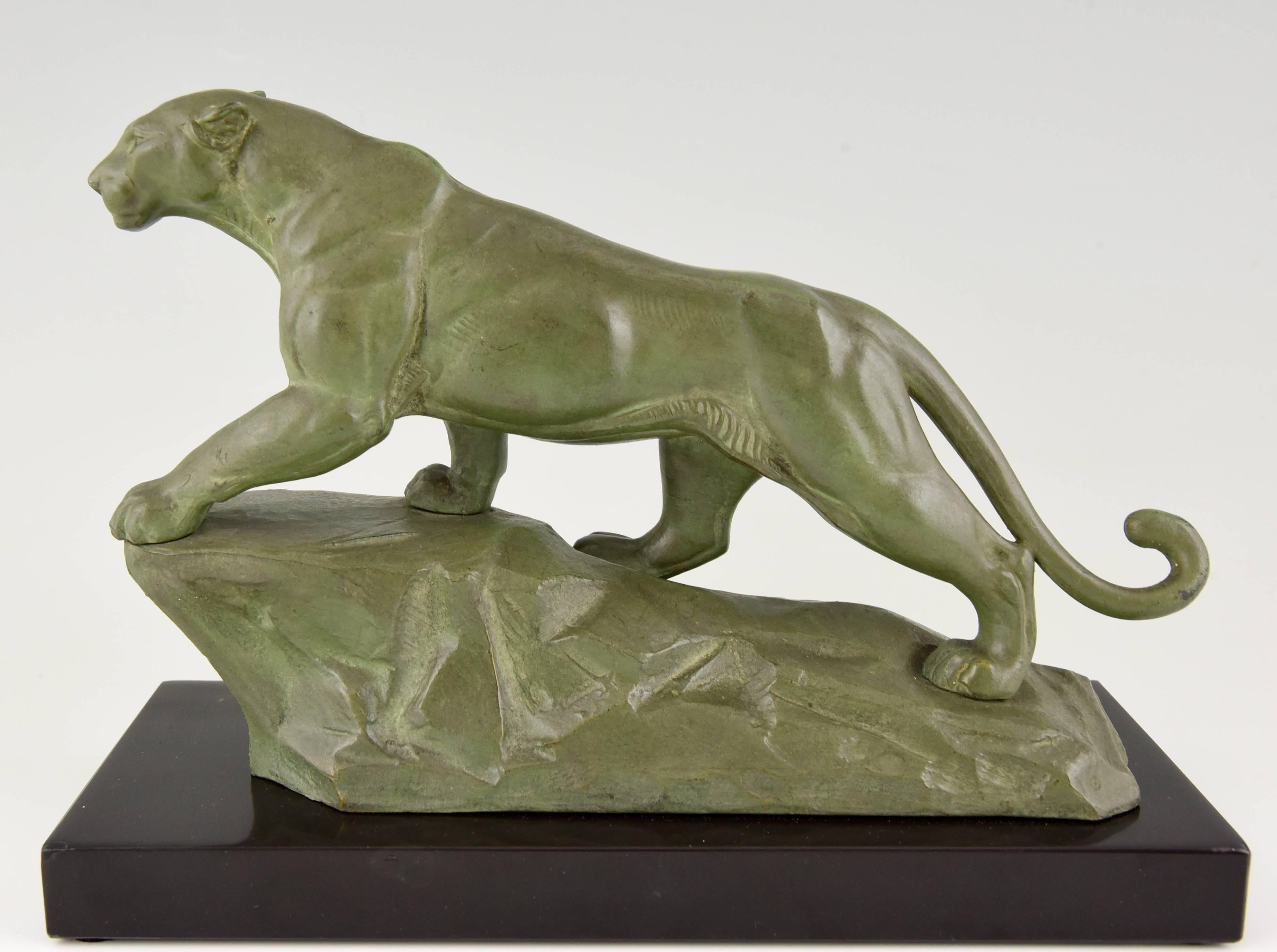 French Art Deco Panther Bookends by Carvin on Marble Base, 1930 1