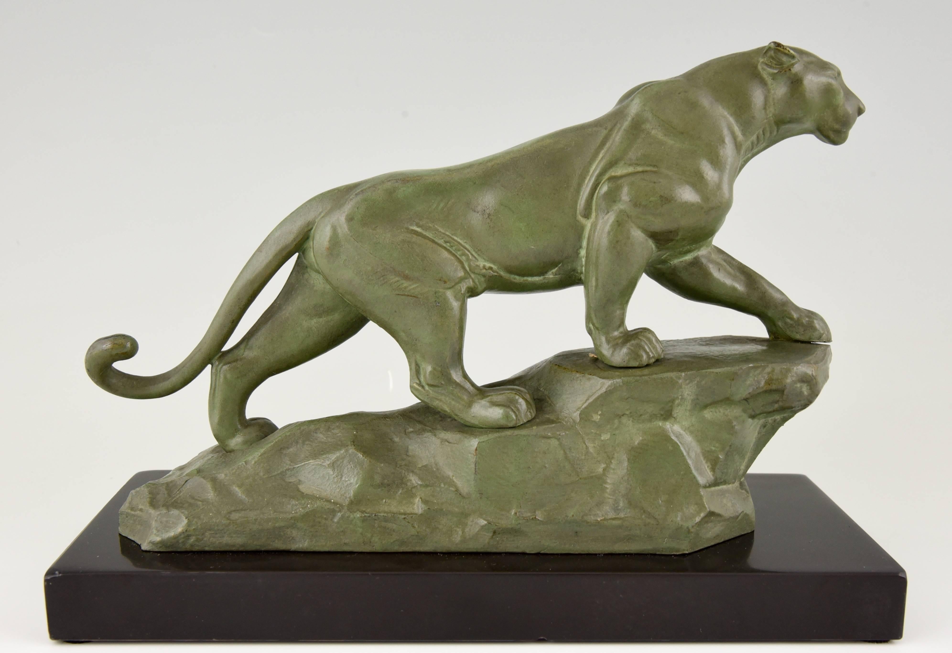 Belgian Black Marble French Art Deco Panther Bookends by Carvin on Marble Base, 1930