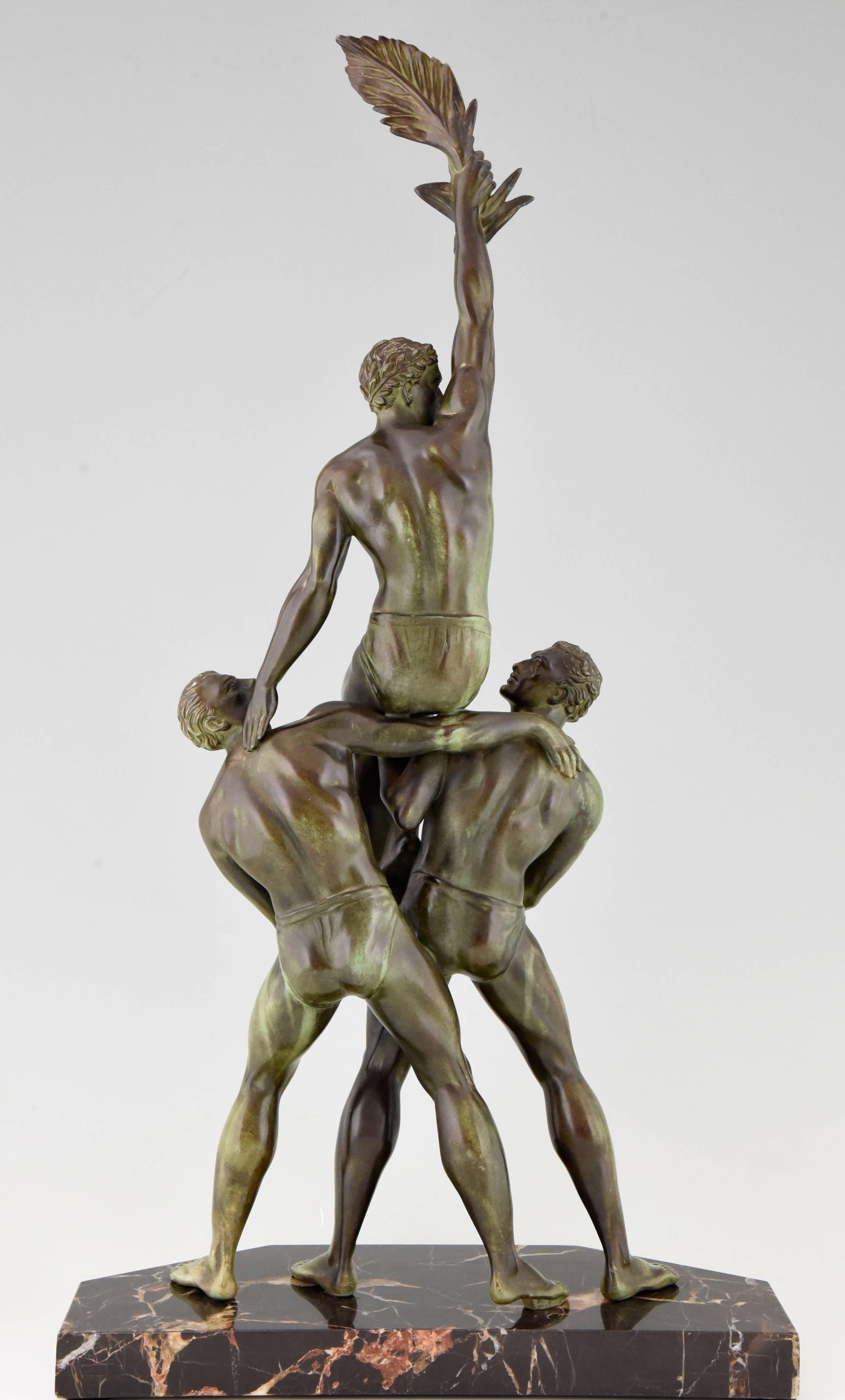 20th Century French Art Deco Sculpture of Three Male Nude Athletes by Pierre Le Fagauys, 1930