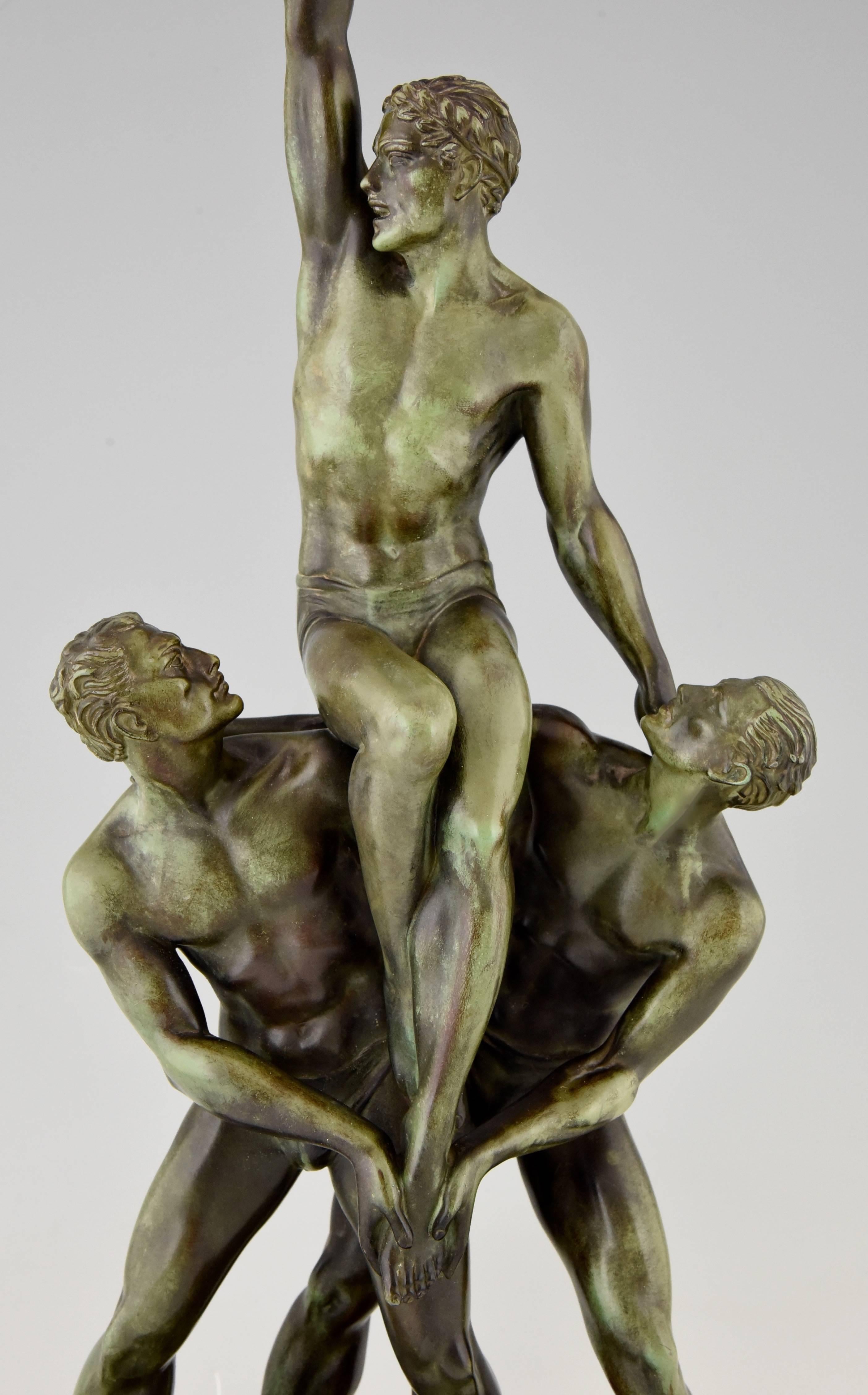 French Art Deco Sculpture of Three Male Nude Athletes by Pierre Le Fagauys, 1930 2