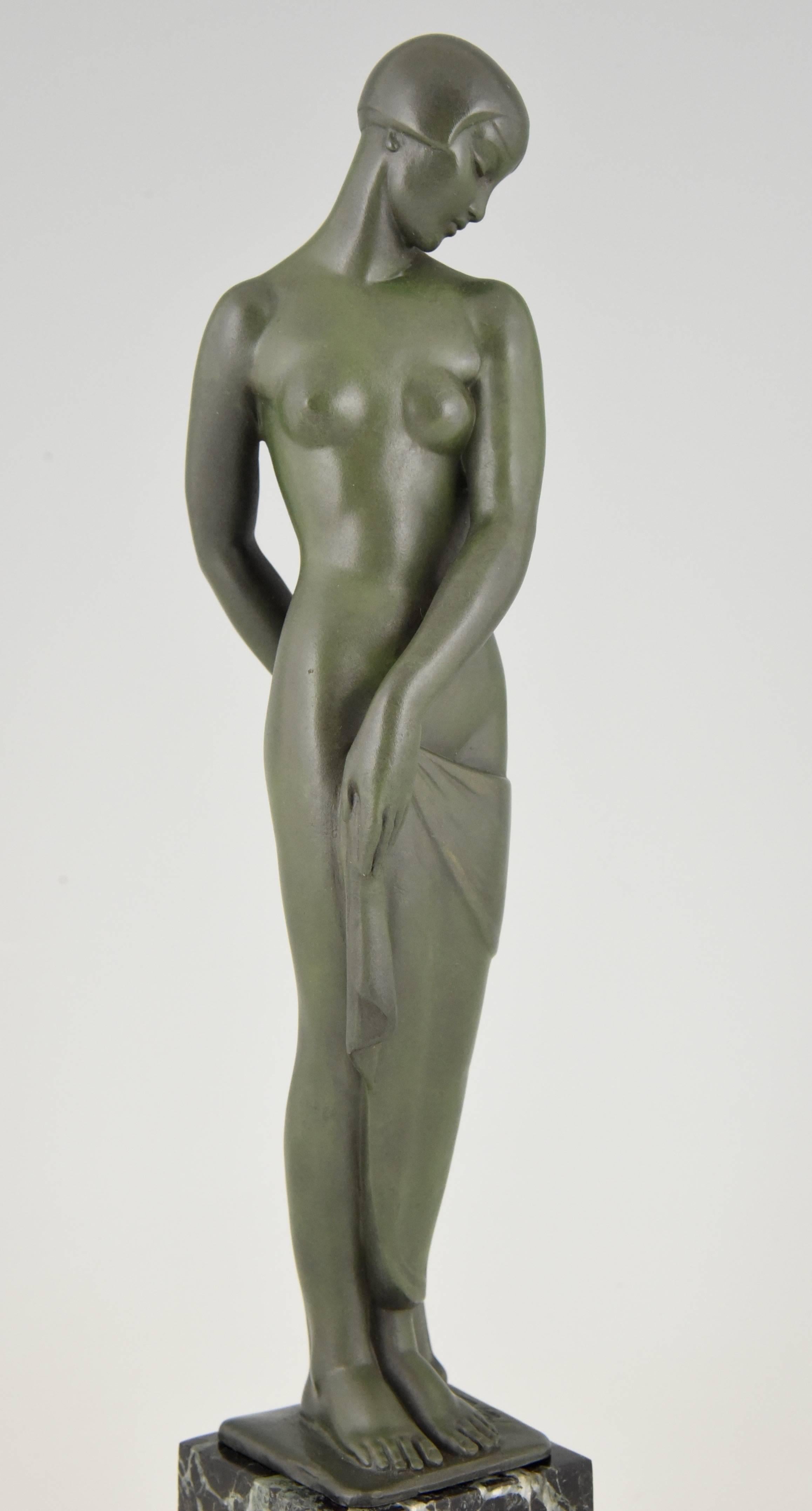 Metal Art Deco Sculpture of a Standing Nude by Fayral, Pierre Le Faguays, 1930 france