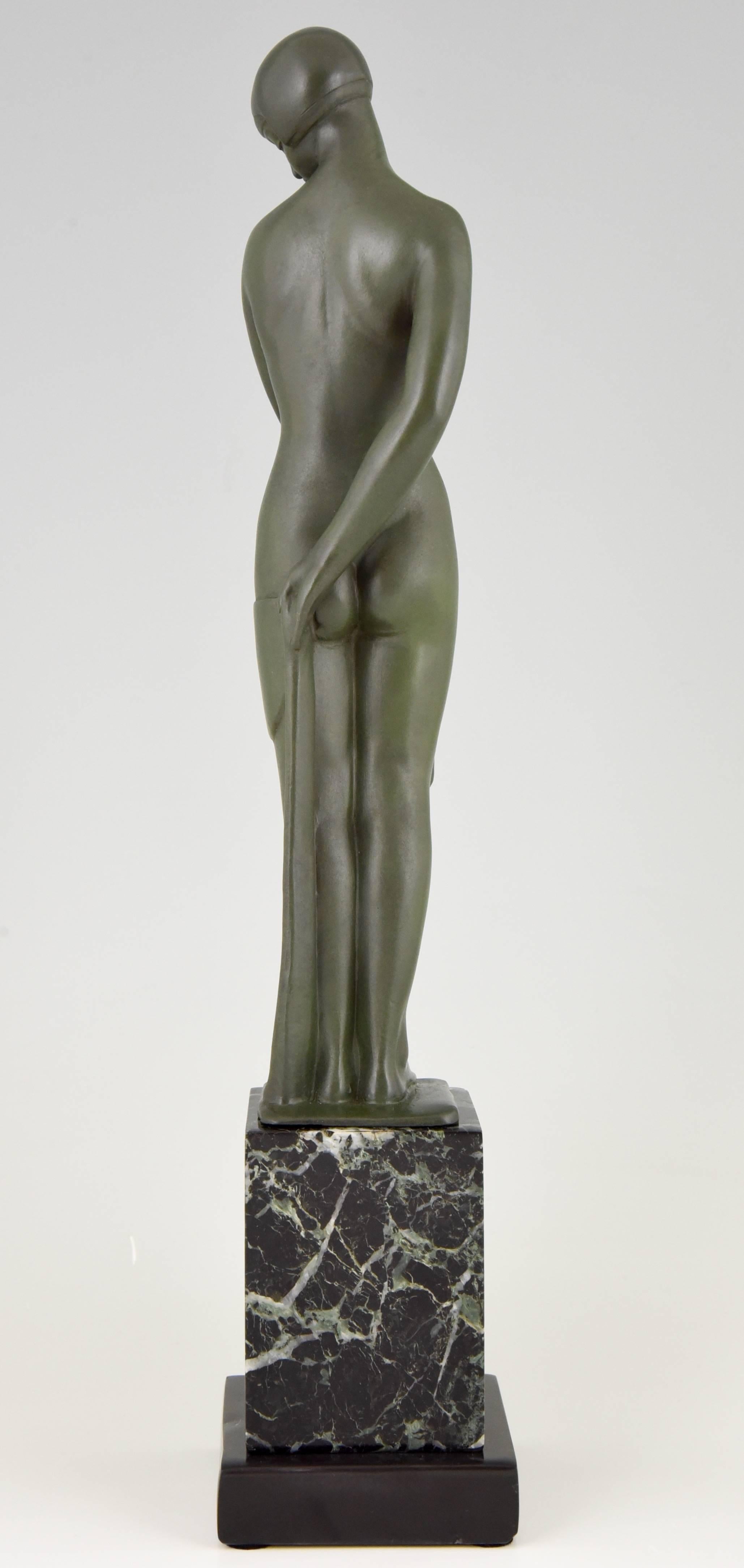 Patinated Art Deco Sculpture of a Standing Nude by Fayral, Pierre Le Faguays, 1930 france