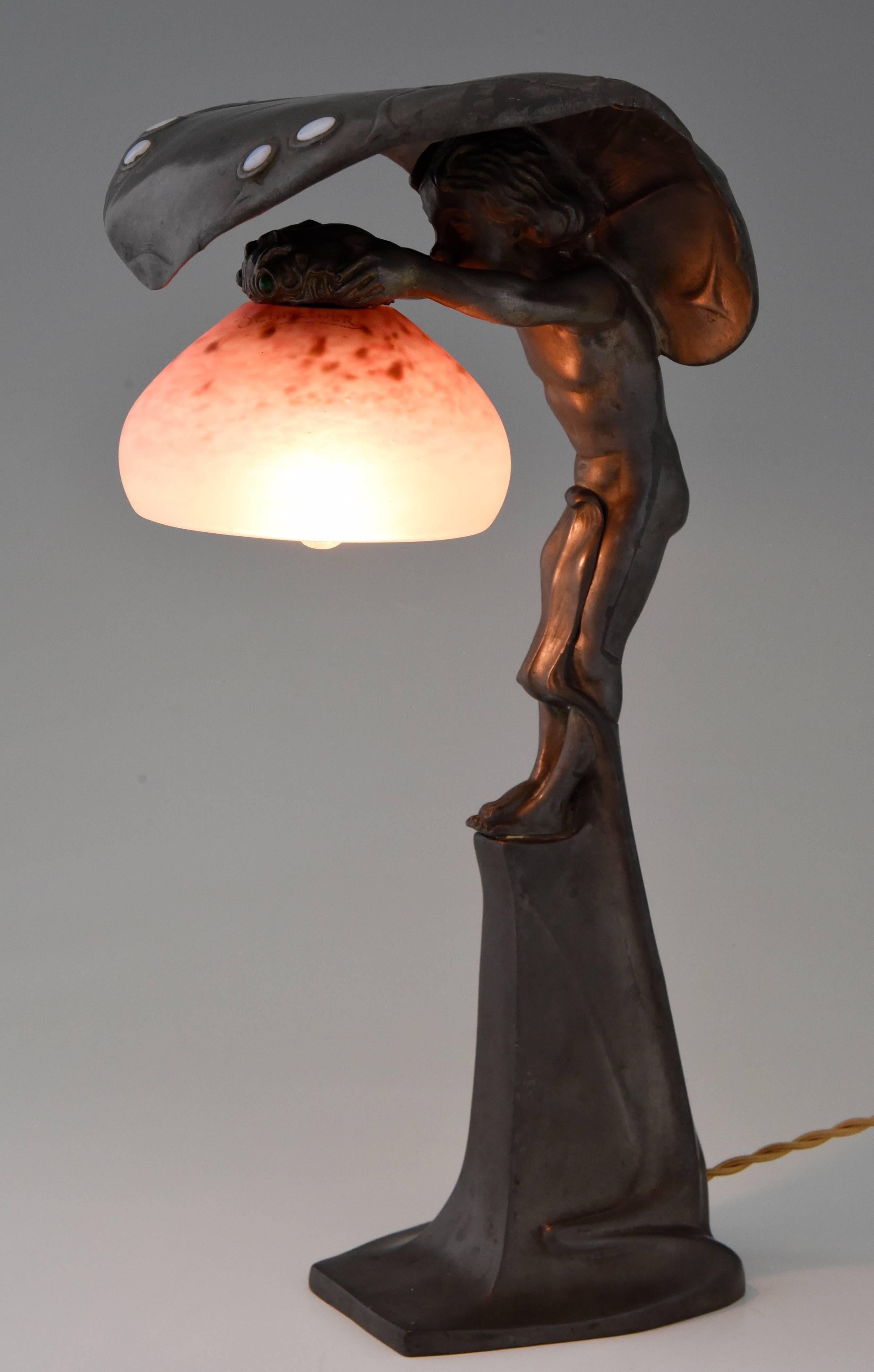 Art Nouveau Lamp with Boy under a Leaf, Osiris Peter Behrens Schule & Schneider In Excellent Condition In Antwerp, BE