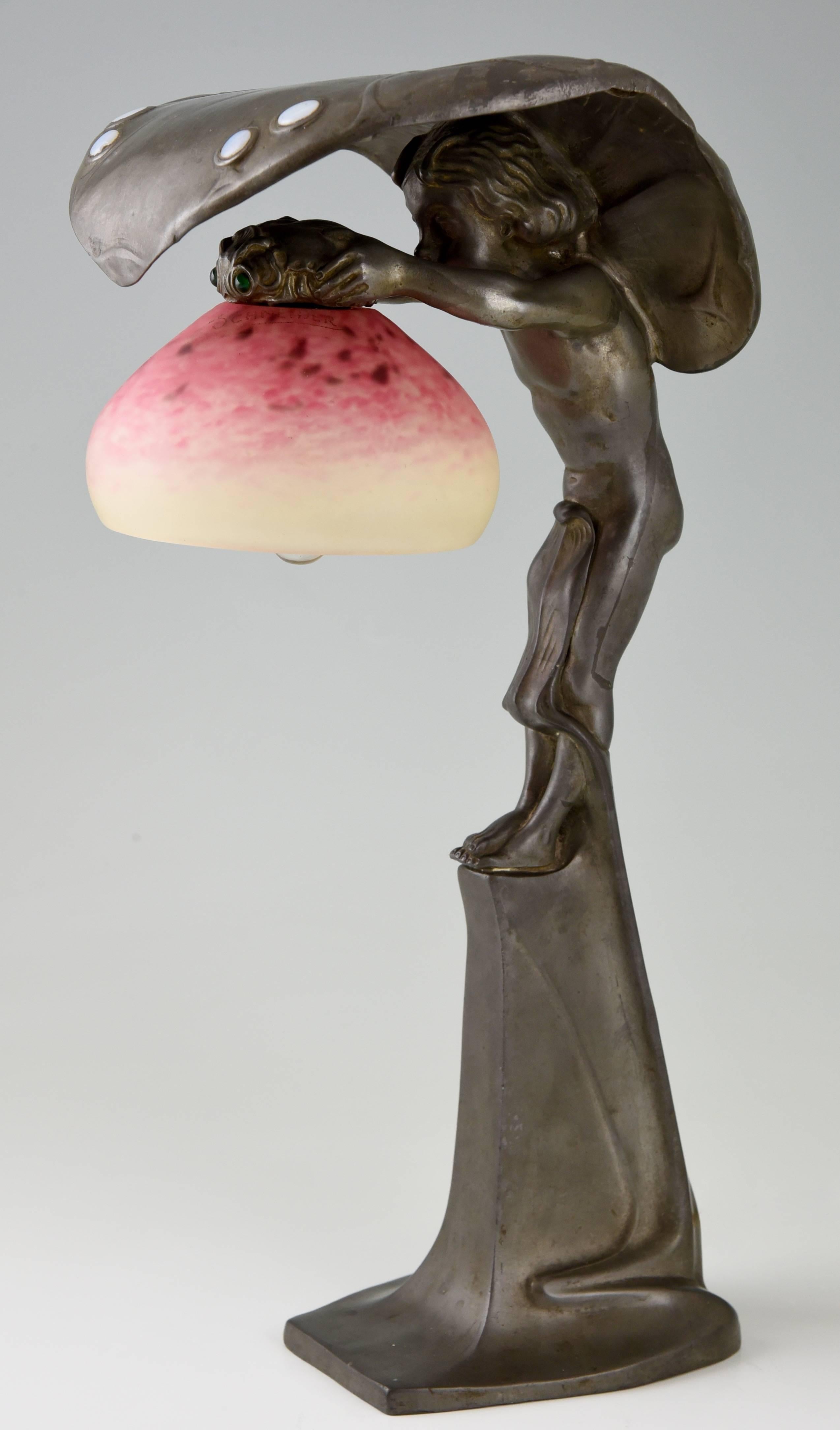 German Art Nouveau Lamp with Boy under a Leaf, Osiris Peter Behrens Schule & Schneider