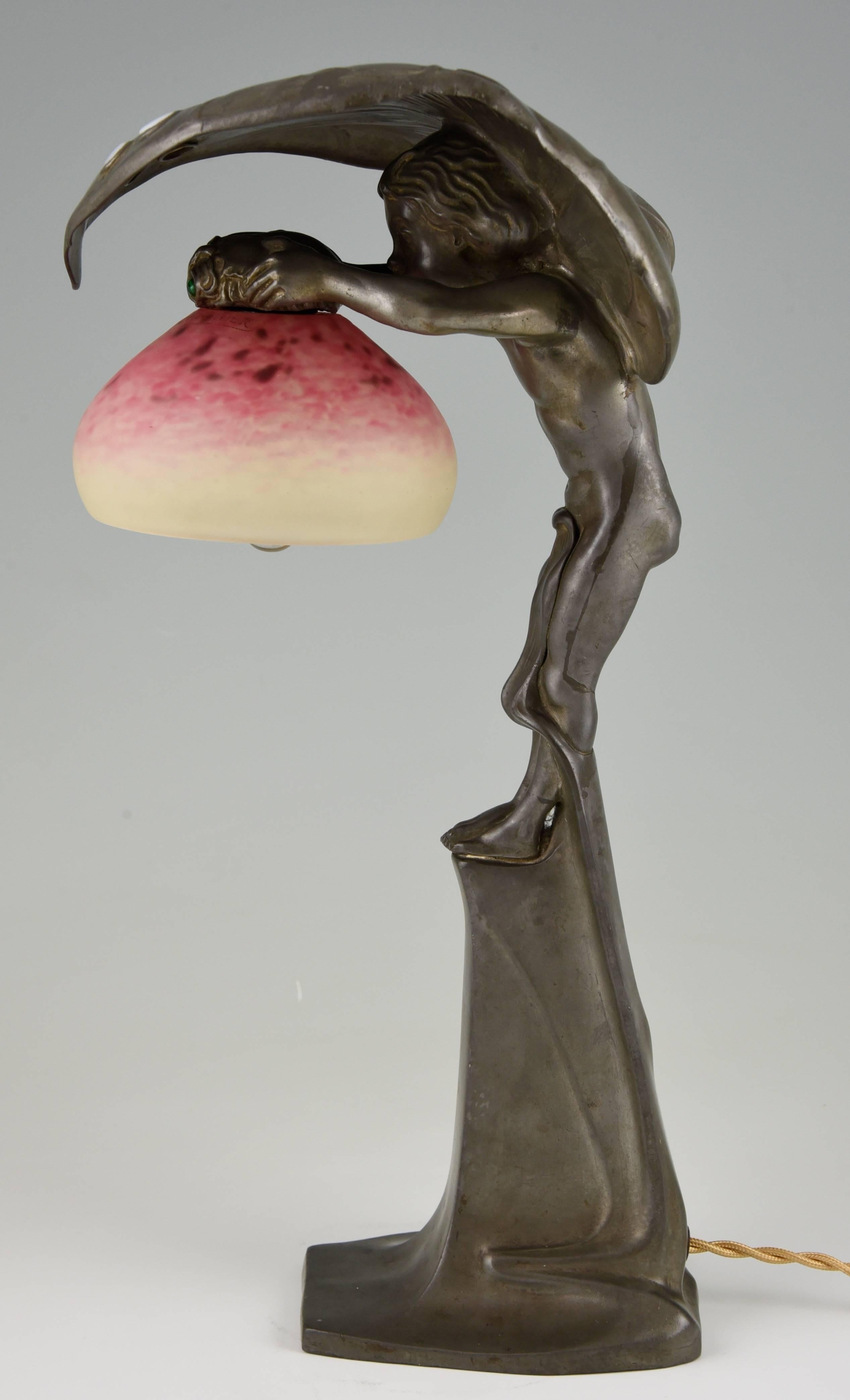 20th Century Art Nouveau Lamp with Boy under a Leaf, Osiris Peter Behrens Schule & Schneider