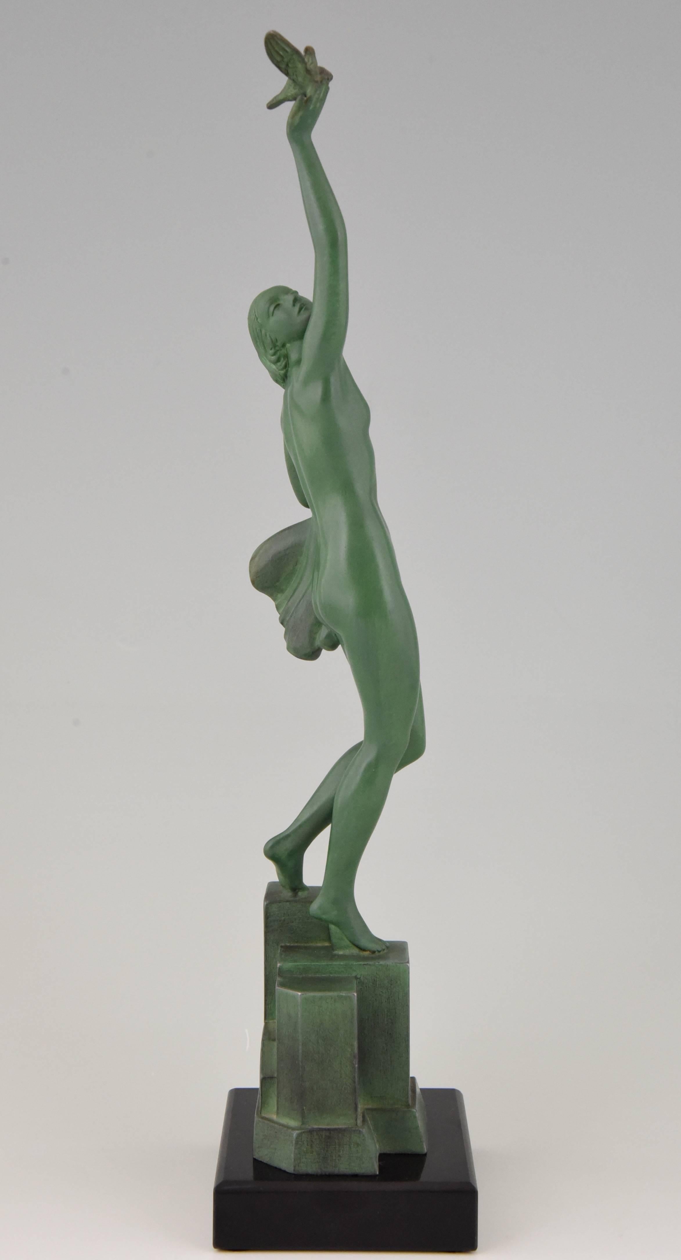 20th Century French Art Deco Sculpture Nude with Dove Fayral, Le Faguays, 1930