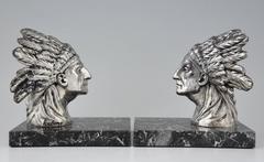 French Art Deco Indian Bookends by Ruffony on Marble Base, 1930