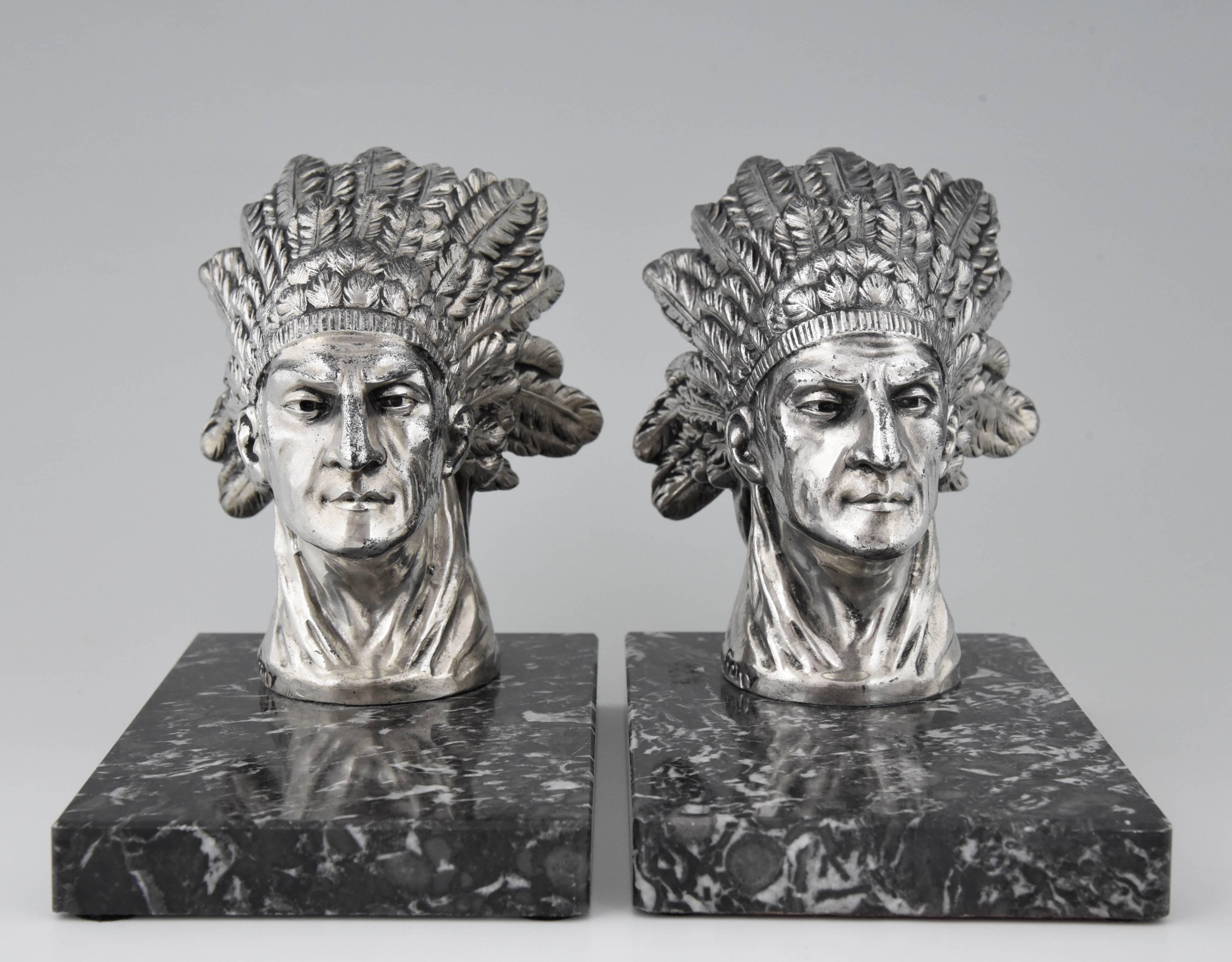 20th Century French Art Deco Indian Bookends by Ruffony on Marble Base, 1930