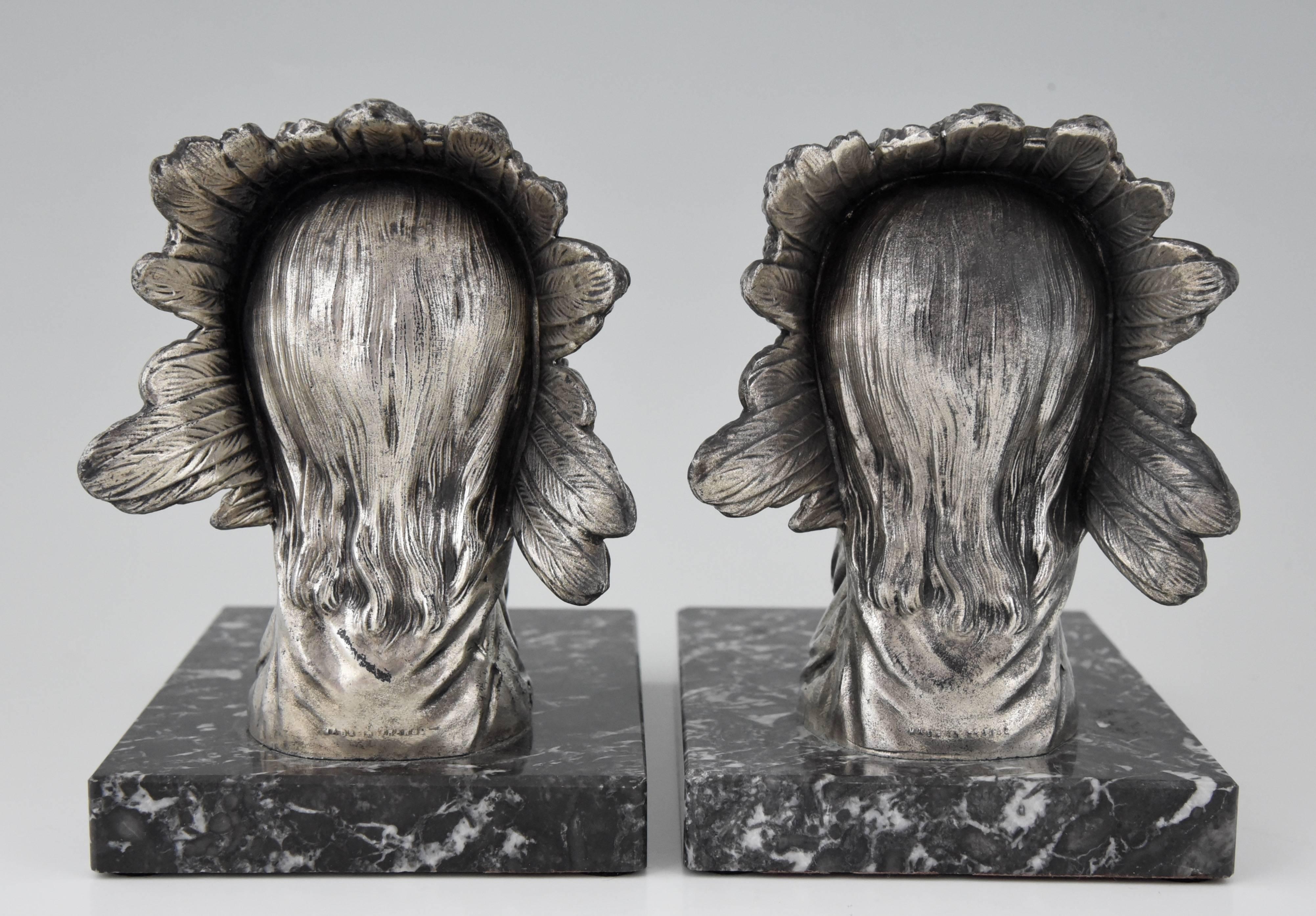 French Art Deco Indian Bookends by Ruffony on Marble Base, 1930 1