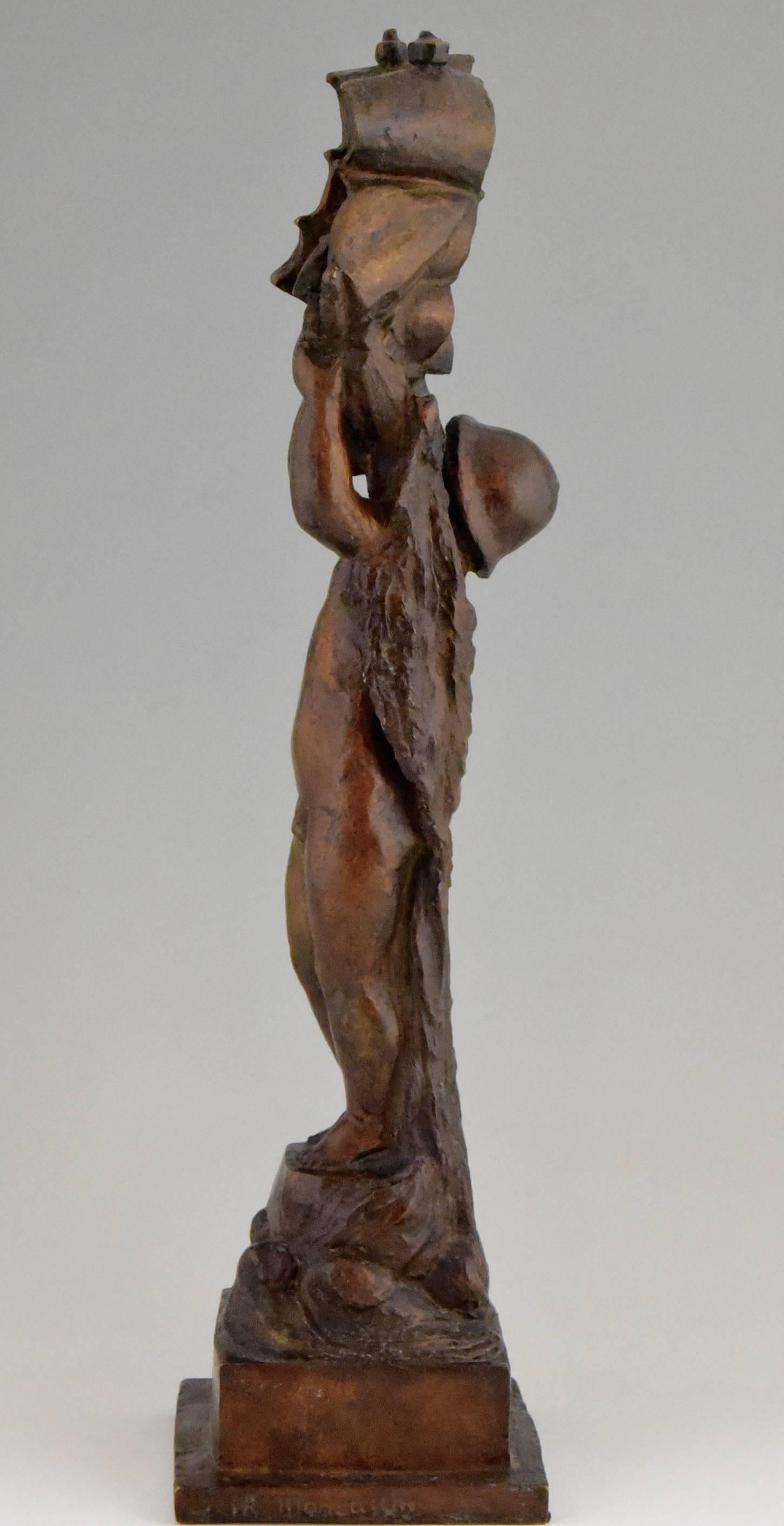French Art Deco Bronze young Boy and Boat by H. Moncassin Susse Freres France 1930