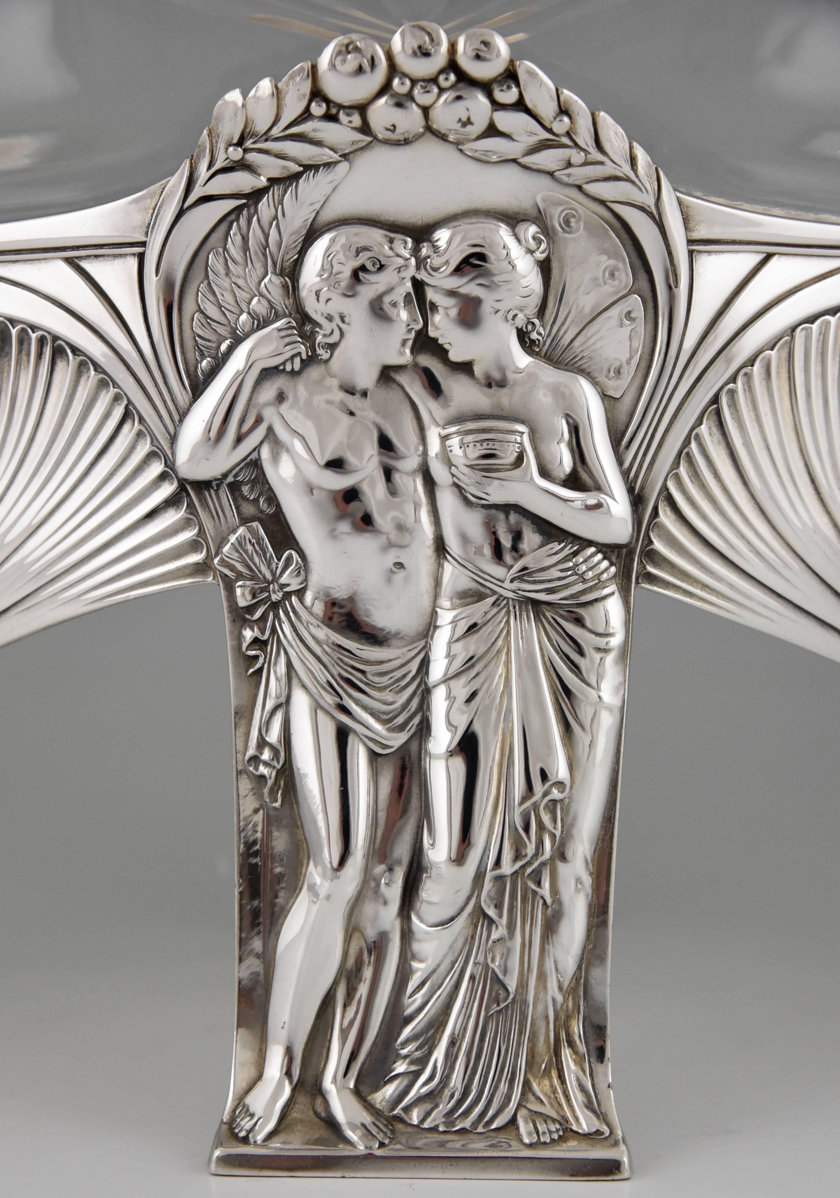 20th Century Art Nouveau Silvered Flower Dish with Couple by WMF, 1906
