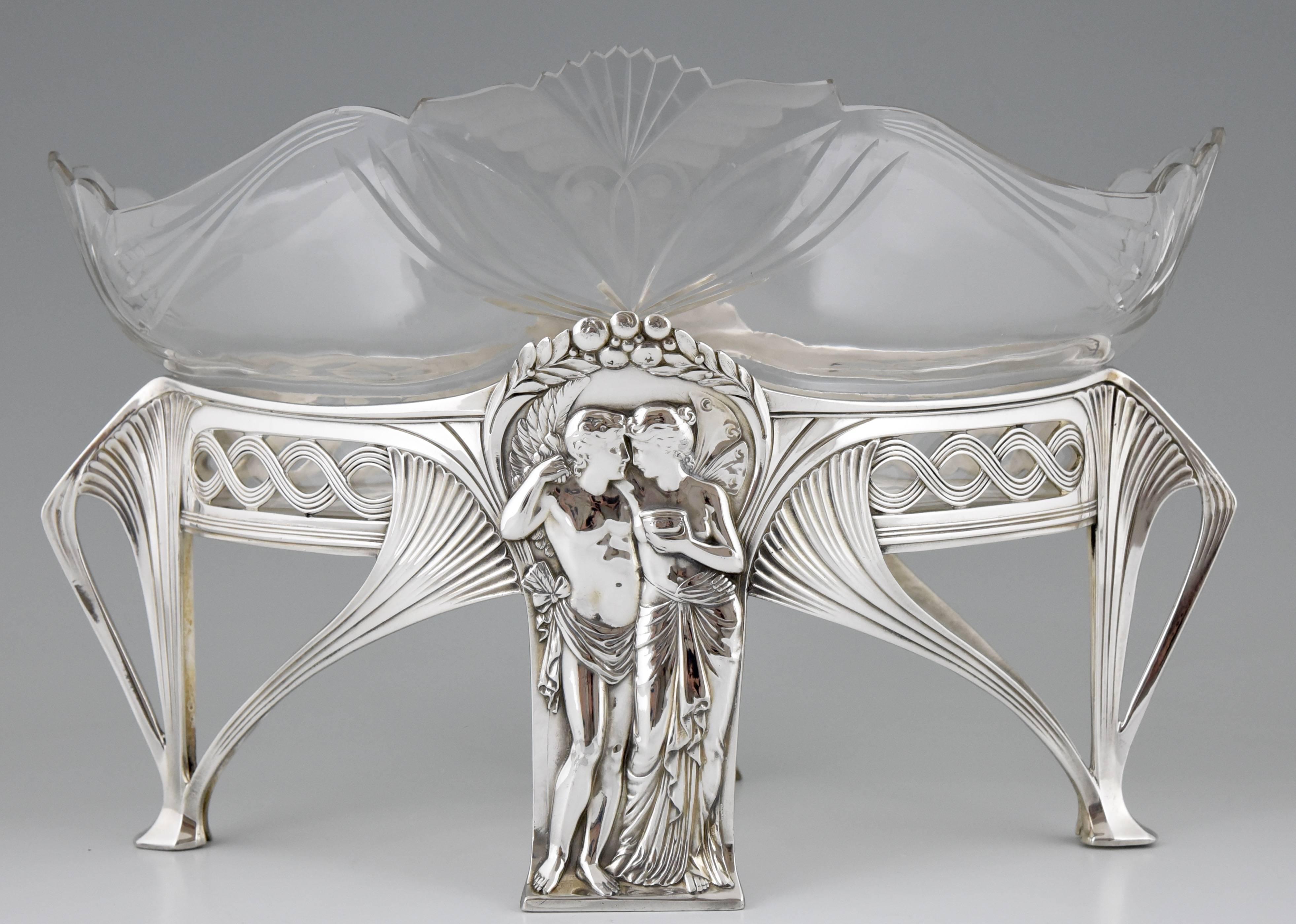 German Art Nouveau Silvered Flower Dish with Couple by WMF, 1906