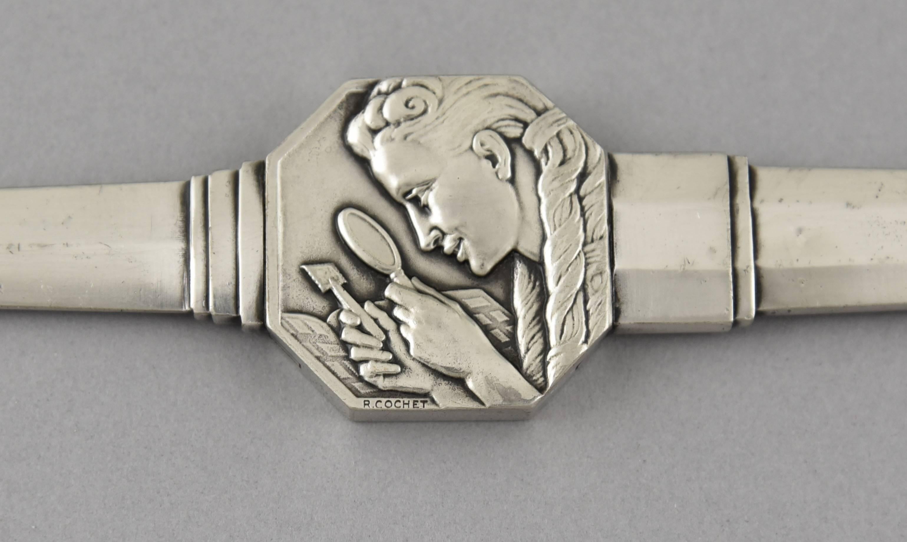French Art Deco Silvered Bronze Letter Opener Philatelist by R. Cochet, 1930 In Good Condition In Antwerp, BE