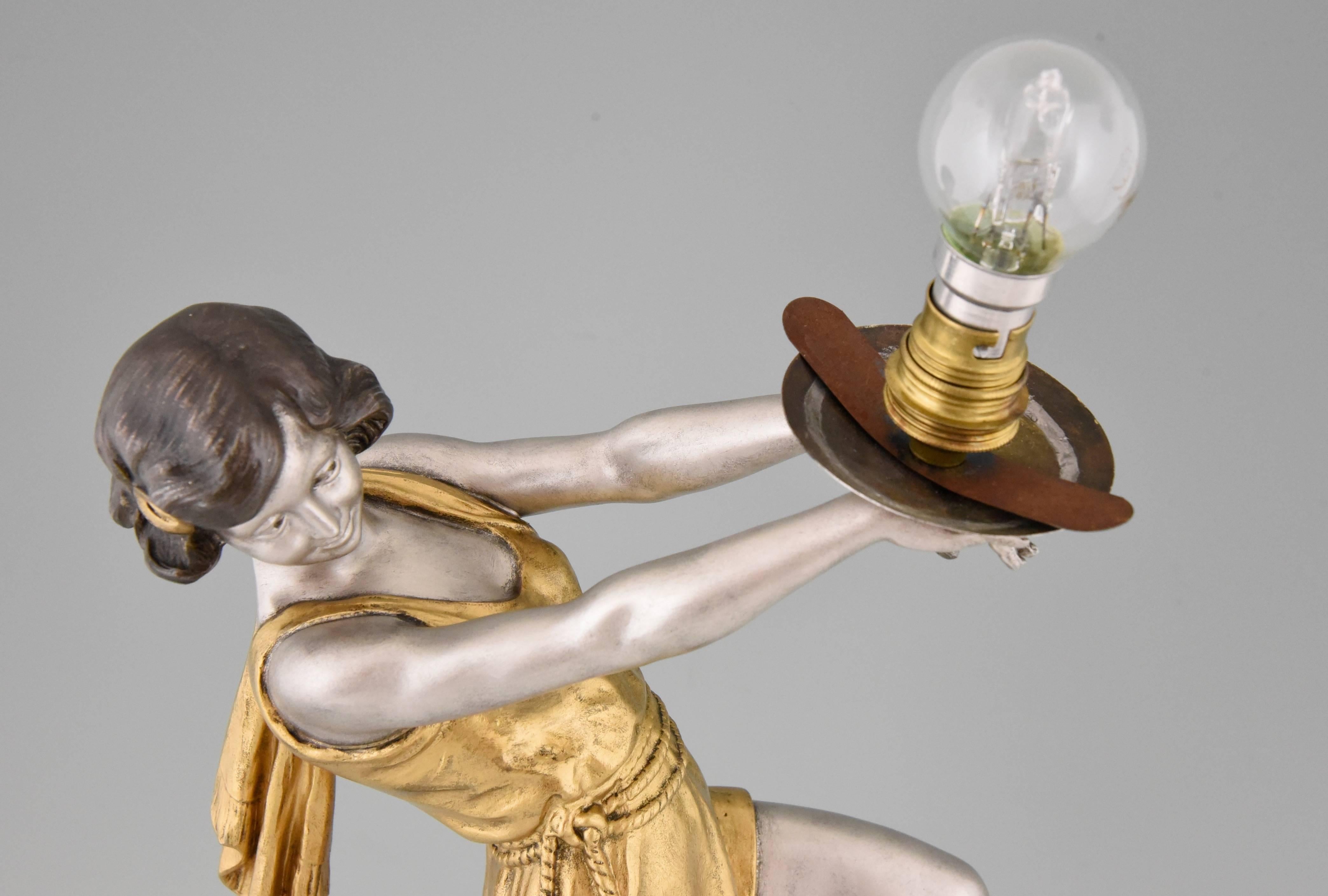 French Art Deco Lamp Lady with Ball by Emile Carlier on Marble Base, 1930 2