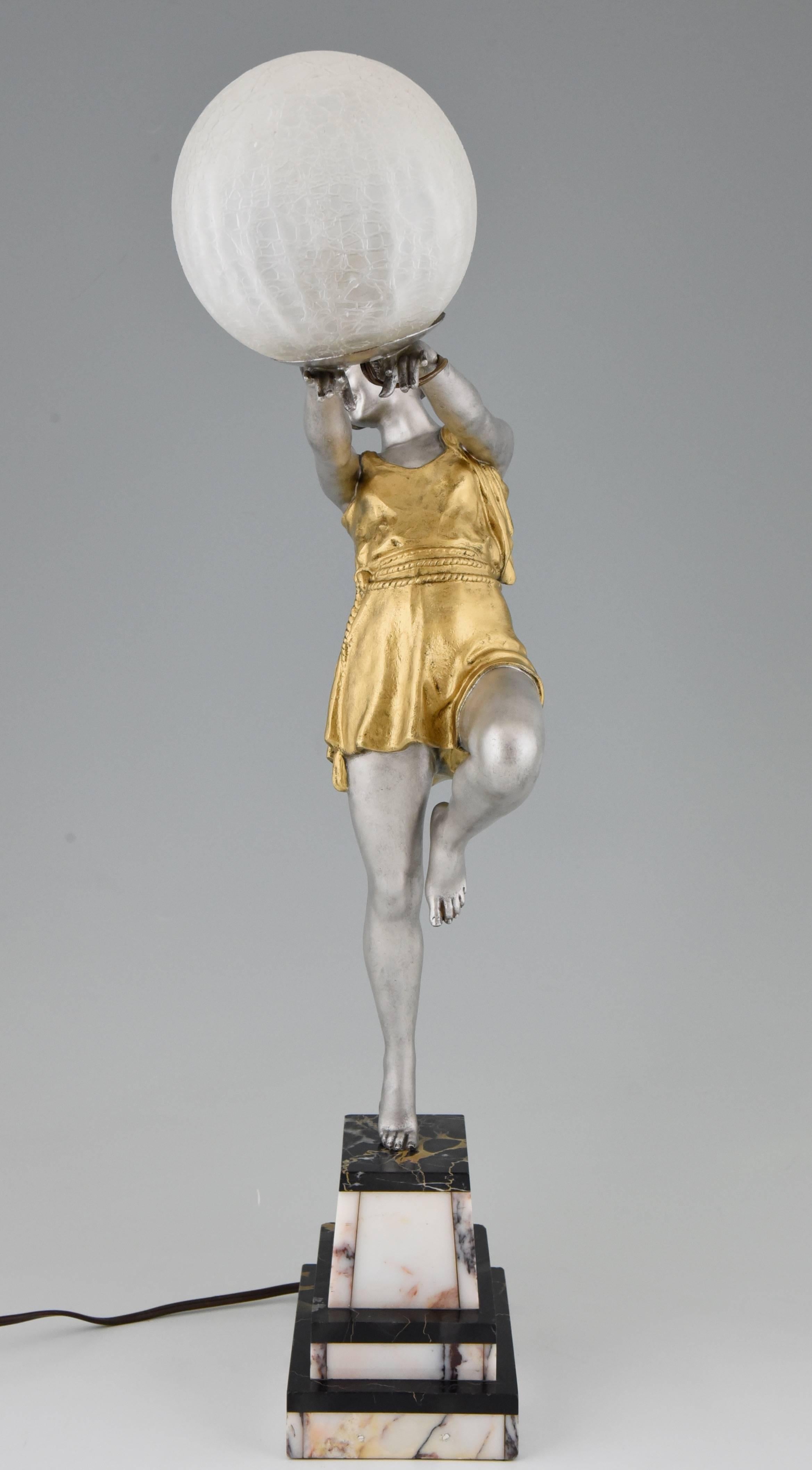 French Art Deco Lamp Lady with Ball by Emile Carlier on Marble Base, 1930 In Excellent Condition In Antwerp, BE