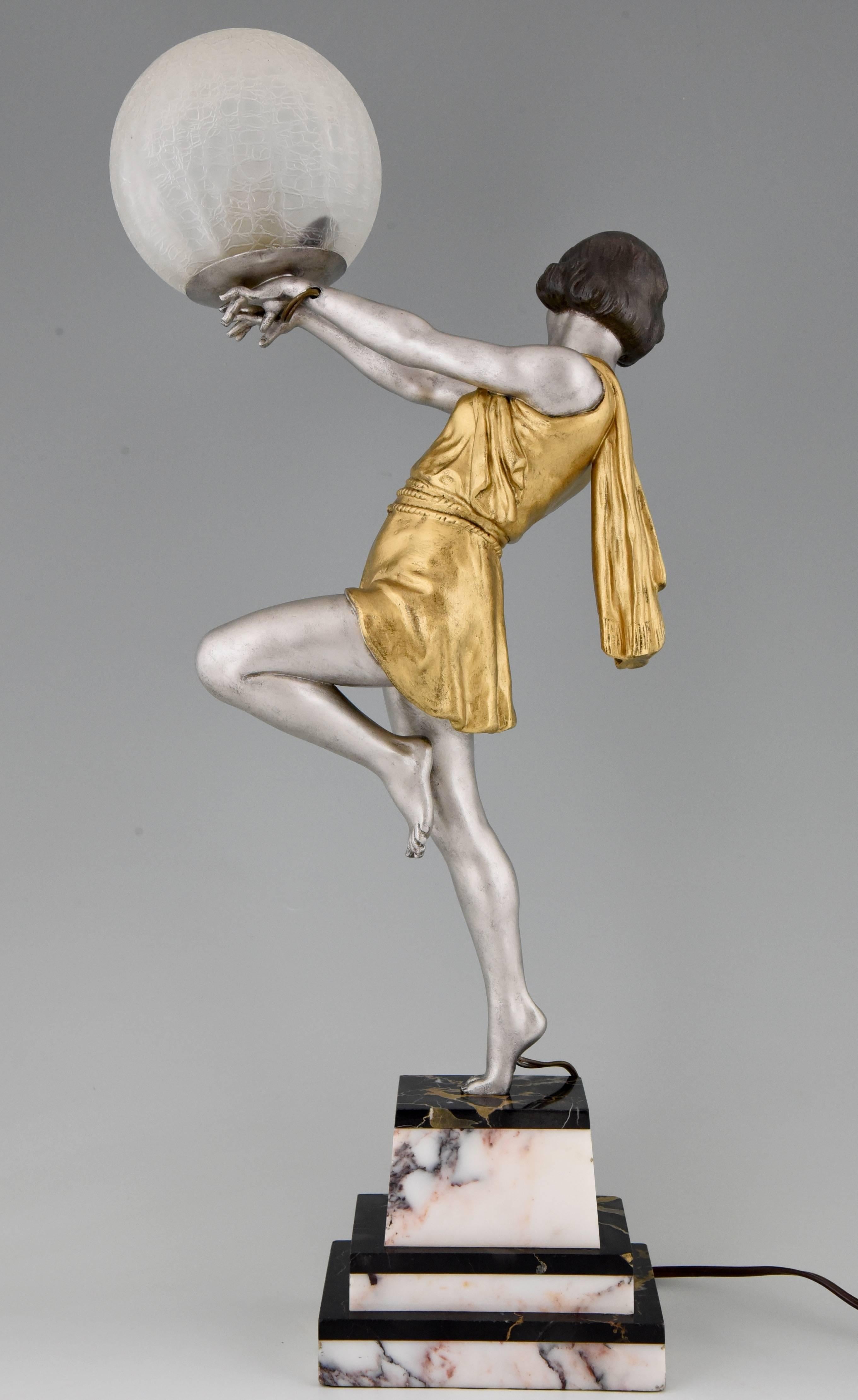 20th Century French Art Deco Lamp Lady with Ball by Emile Carlier on Marble Base, 1930