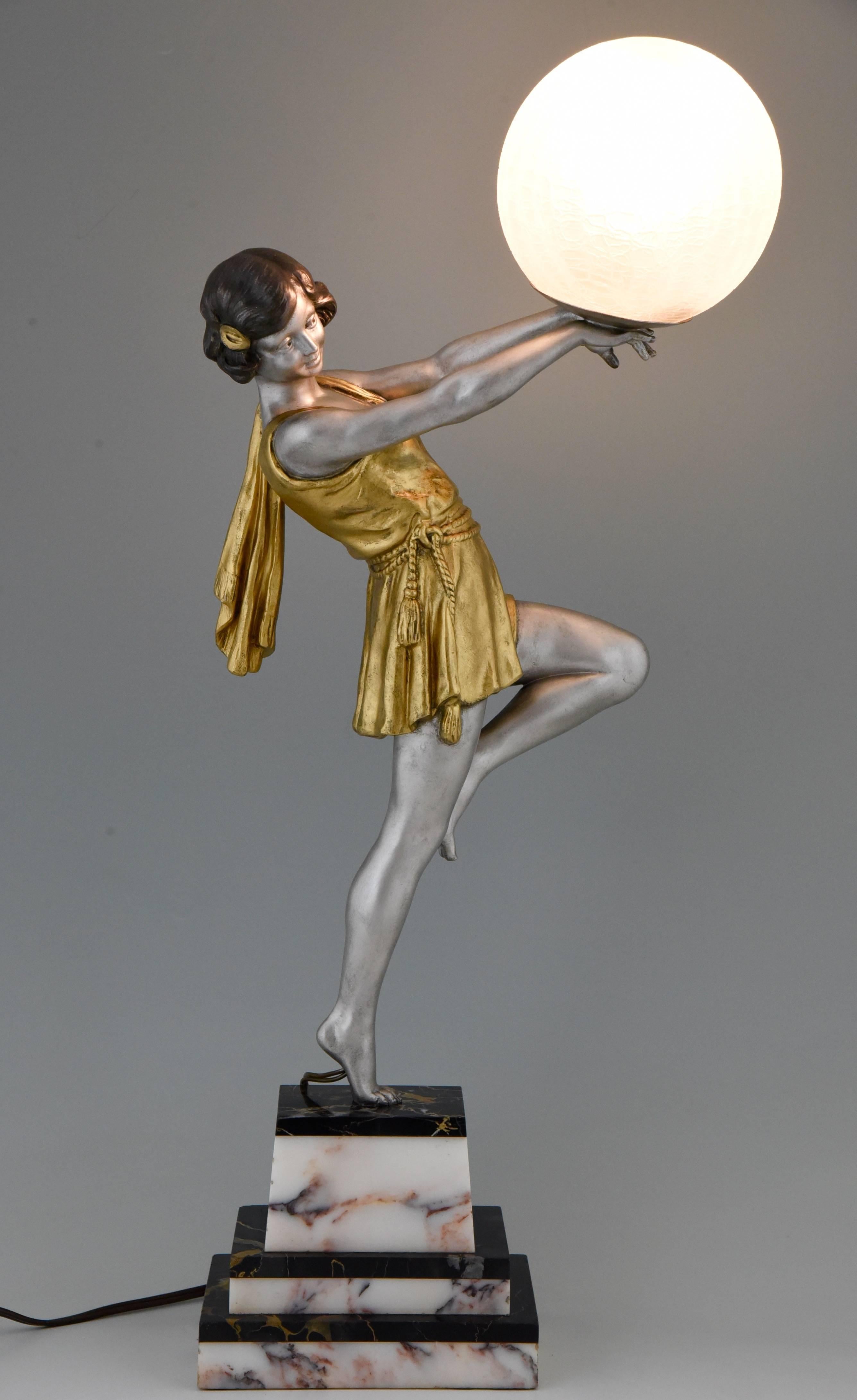 Large model Art Deco lamp with lady holding a ball signed by the French artist Carlier on a fine marble base. 

Artist/ Maker: Emile Carlier.
Signature/ Marks: Carlier.
Style: Art Deco.
Date: 1930.
Material: White metal with cold painted
