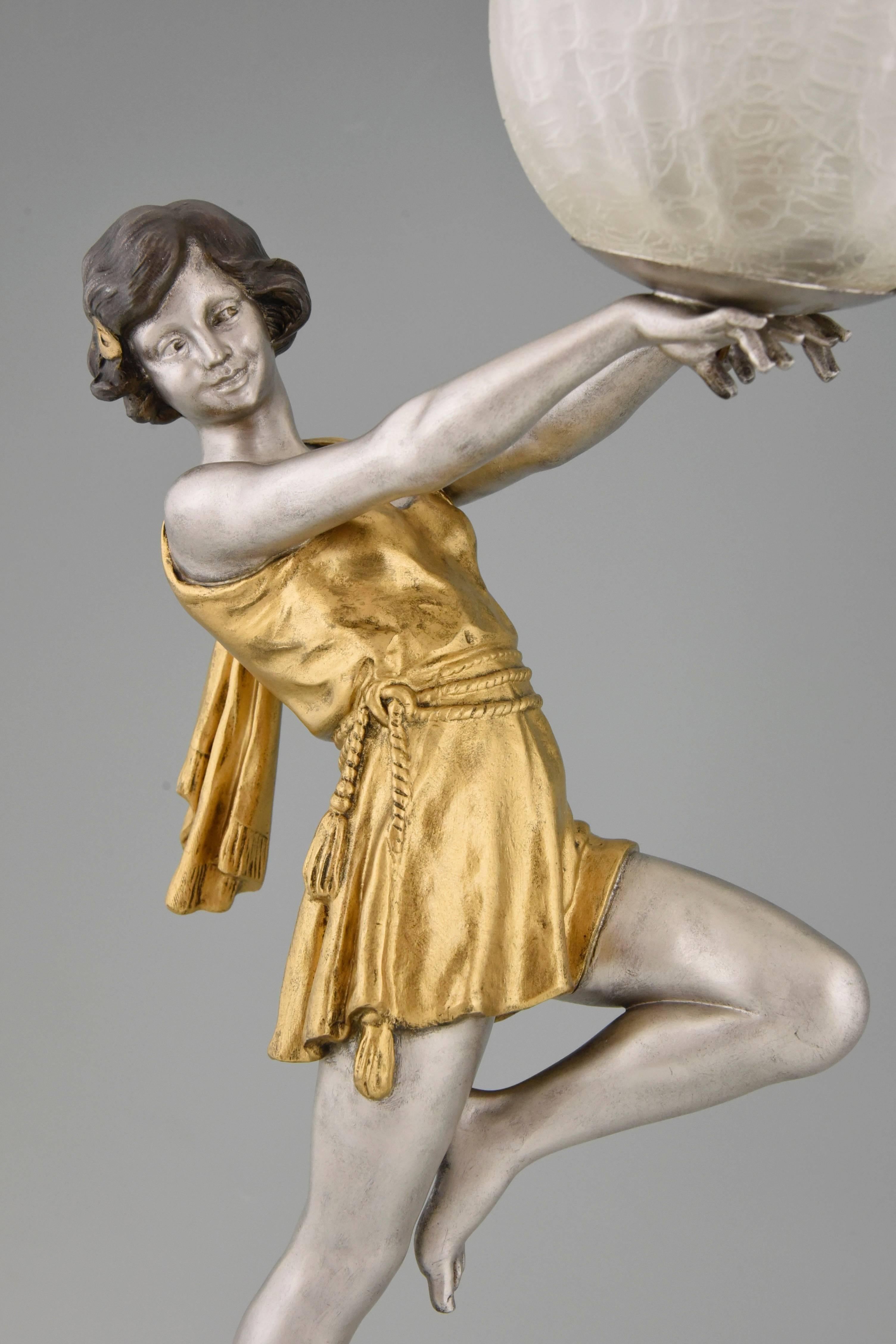 French Art Deco Lamp Lady with Ball by Emile Carlier on Marble Base, 1930 1