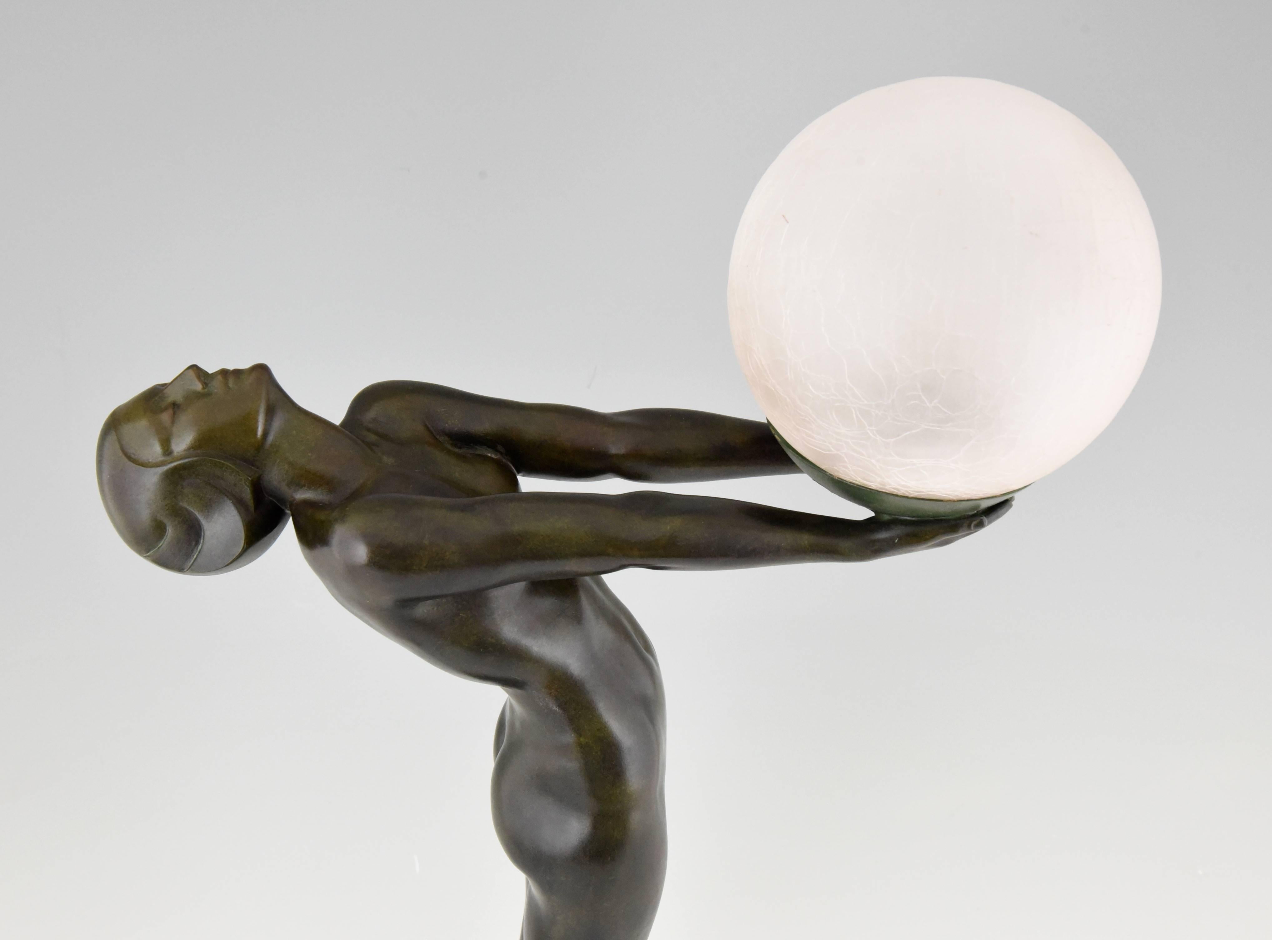 Glass French Art Deco Lamp, Nude with Ball by Max Le Verrier, 1930