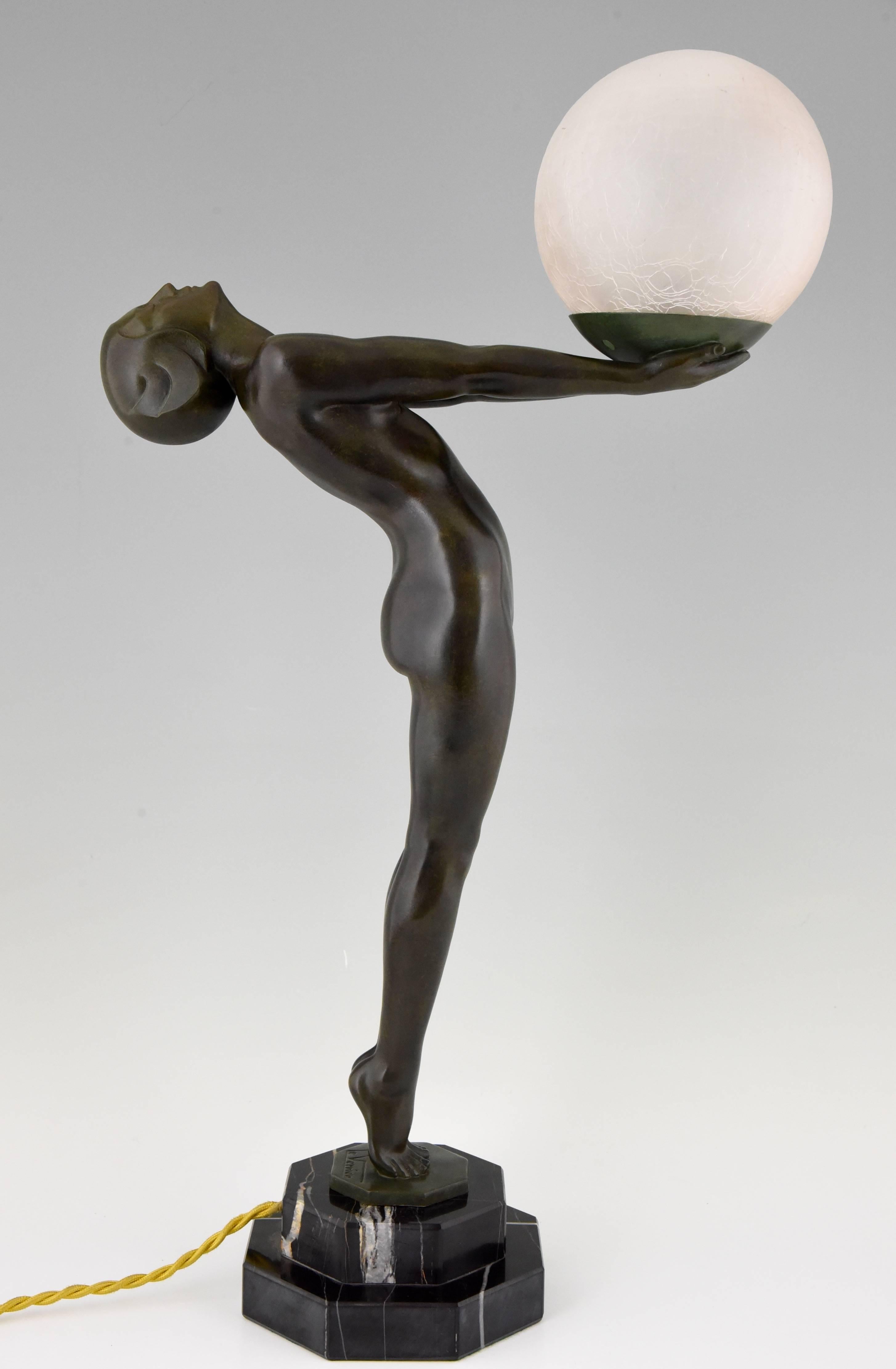 Patinated French Art Deco Lamp, Nude with Ball by Max Le Verrier, 1930