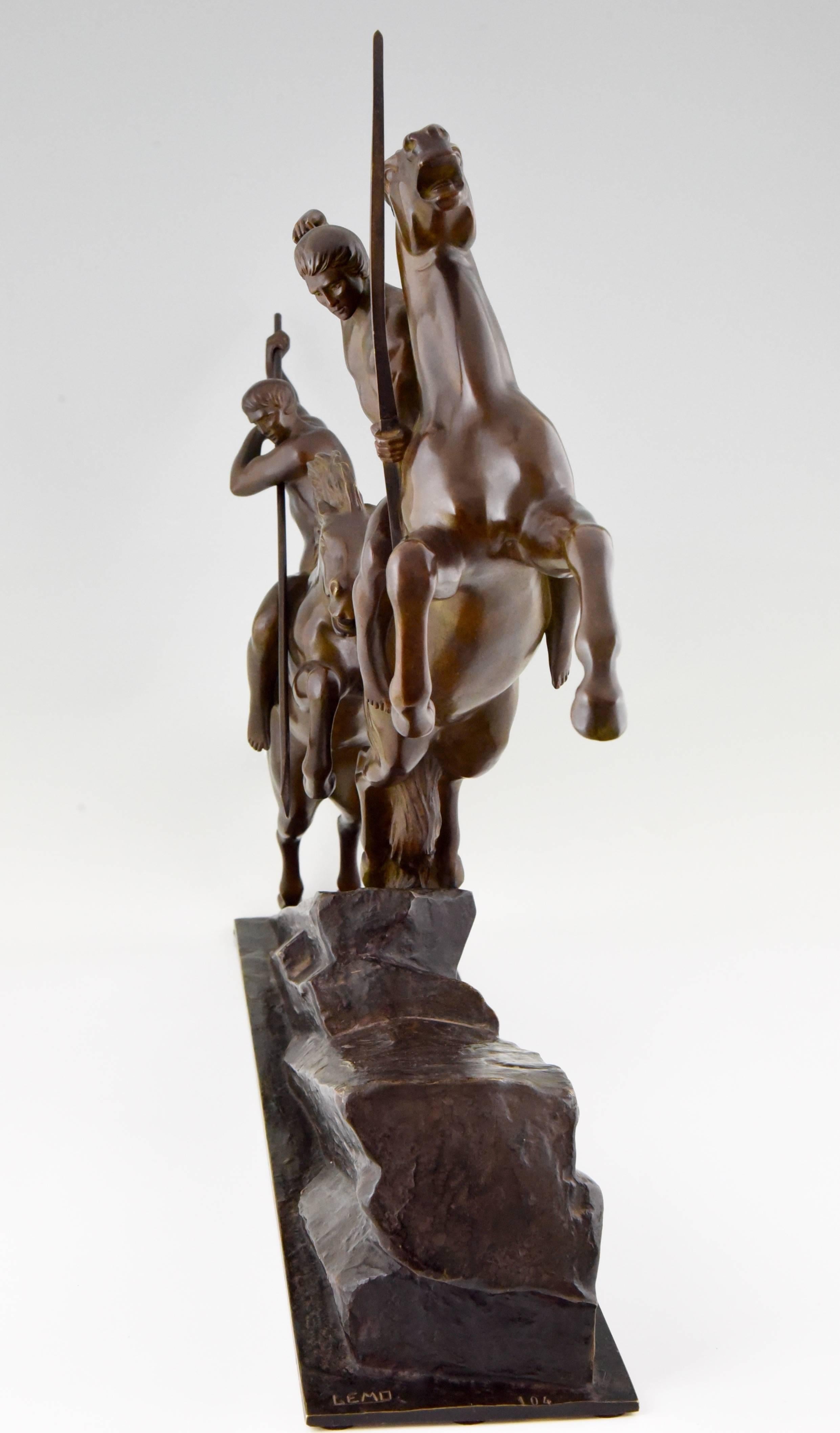 Large French Art Deco Bronze Group Archers on Horses by Armand Lemo, 1930 3