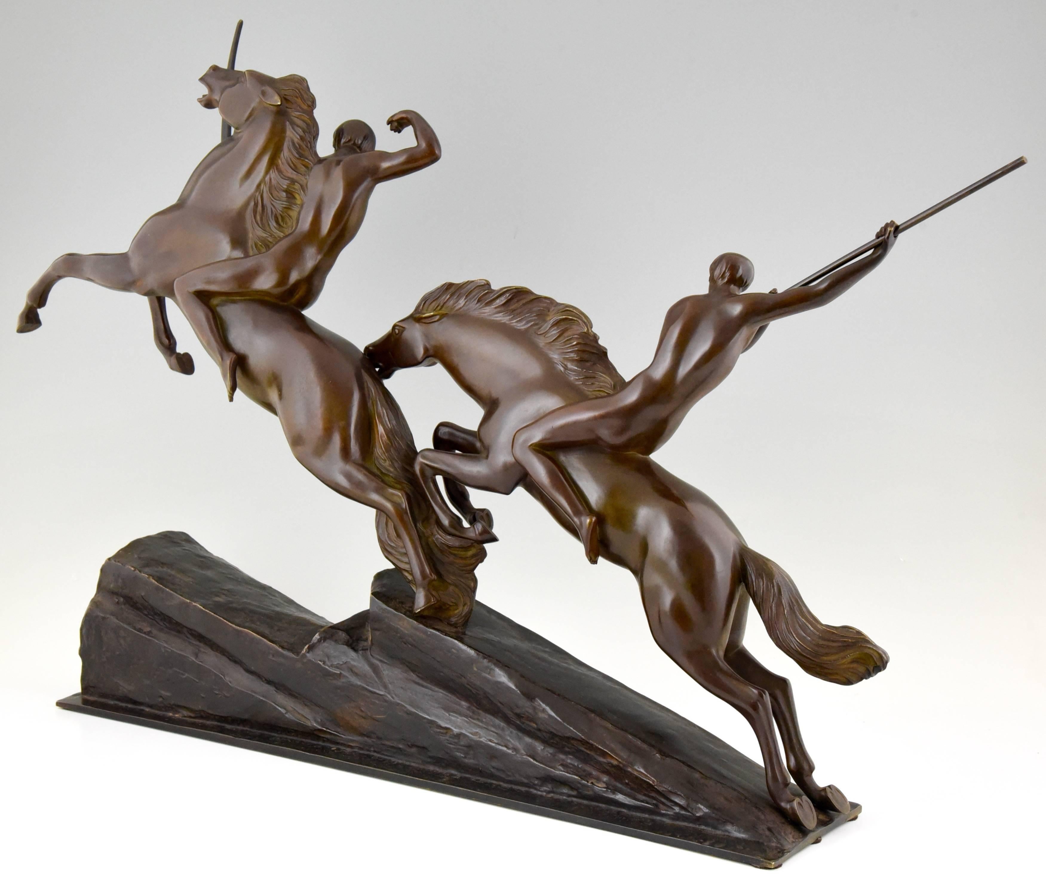 20th Century Large French Art Deco Bronze Group Archers on Horses by Armand Lemo, 1930
