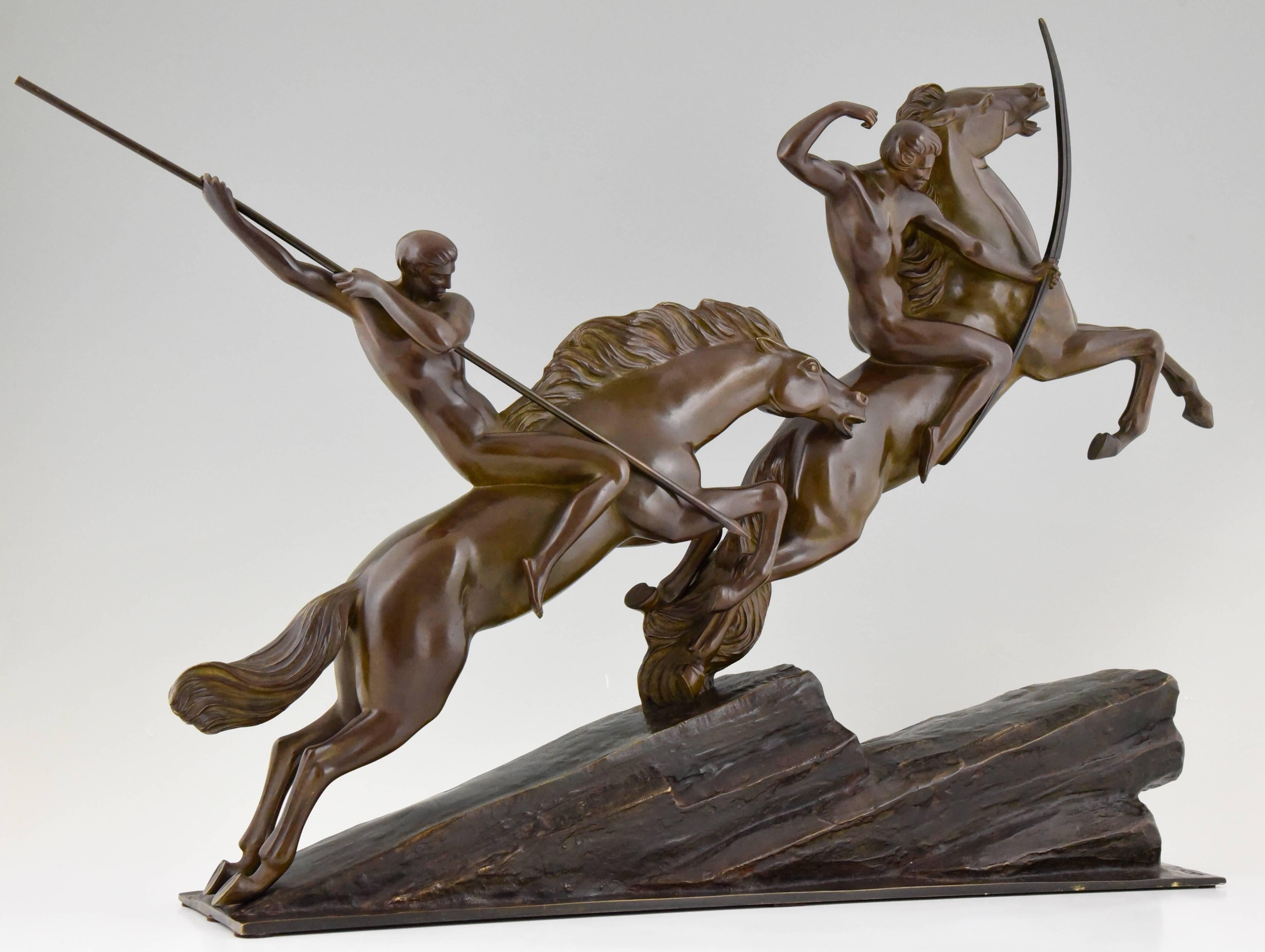 Large French Art Deco Bronze Group Archers on Horses by Armand Lemo, 1930 1