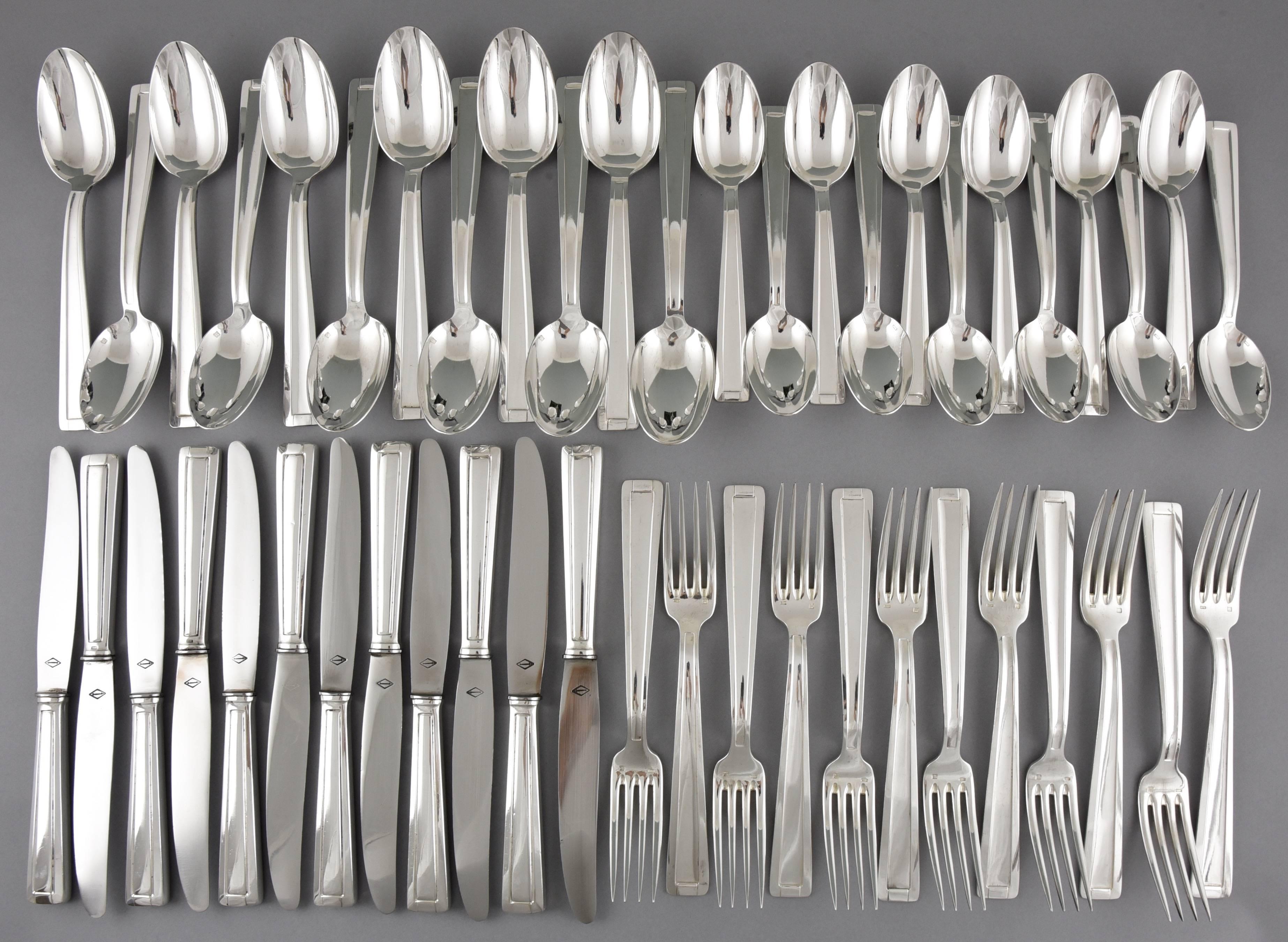 French Art Deco Silver Plate Cutlery Flatware Set of 140 Piece Ravinet d'Enfert