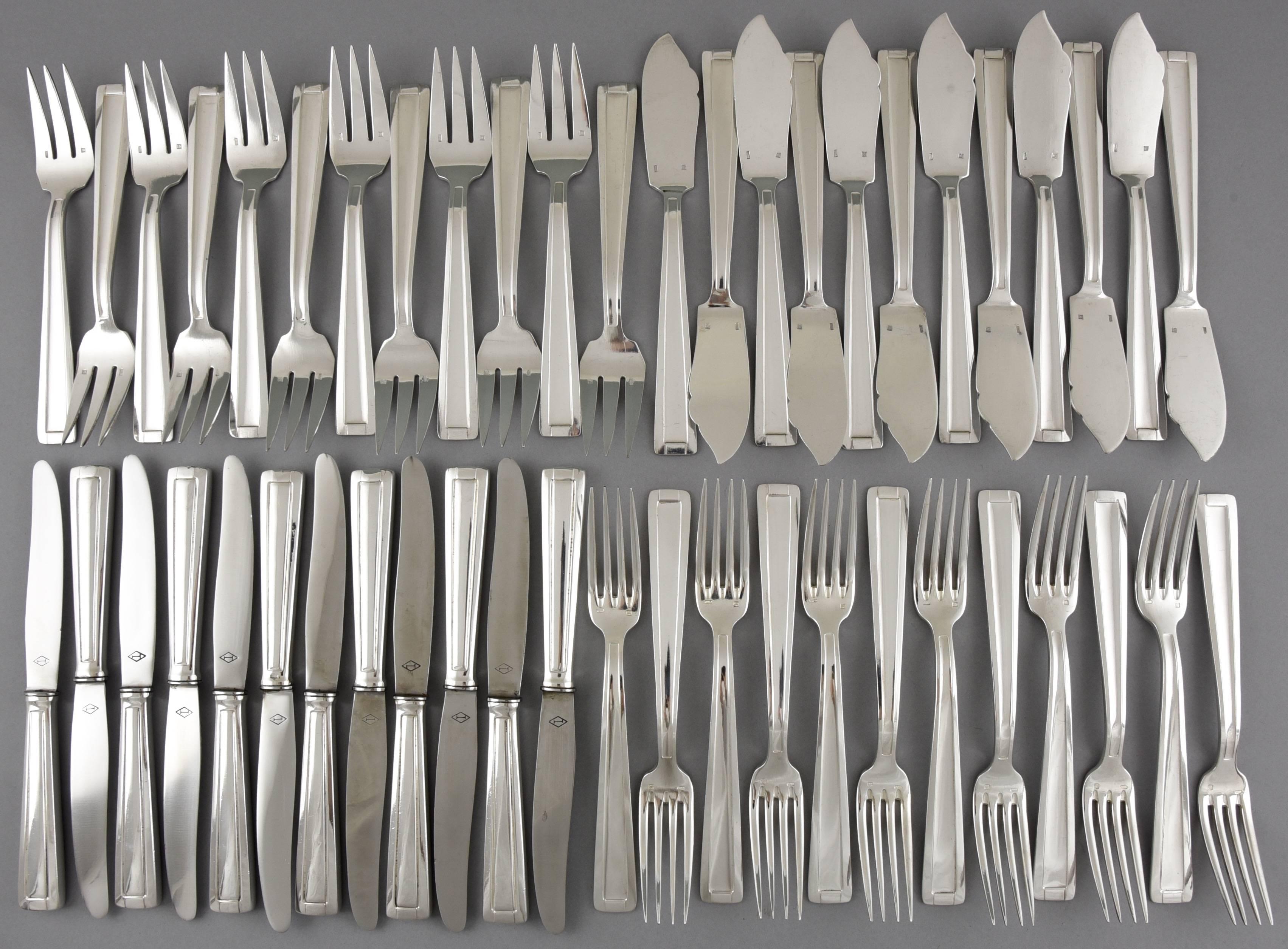 Silvered Art Deco Silver Plate Cutlery Flatware Set of 140 Piece Ravinet d'Enfert