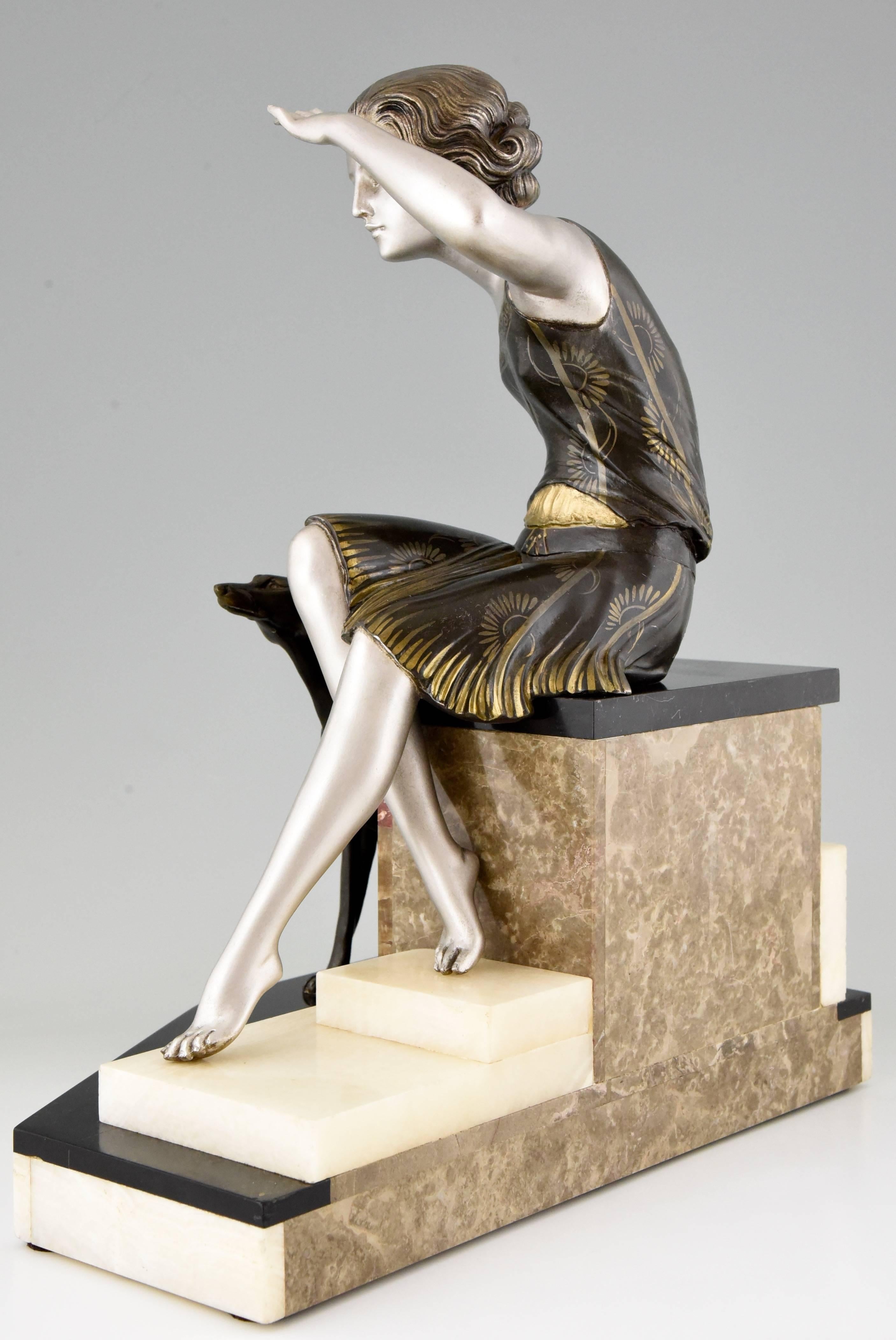 French Art Deco Sculpture Woman with Borzoi Dog by Uriano, 1930 In Excellent Condition In Antwerp, BE