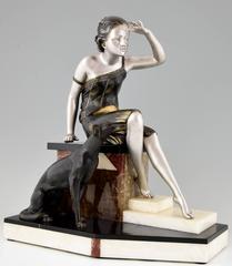French Art Deco Sculpture Woman with Borzoi Dog by Uriano, 1930