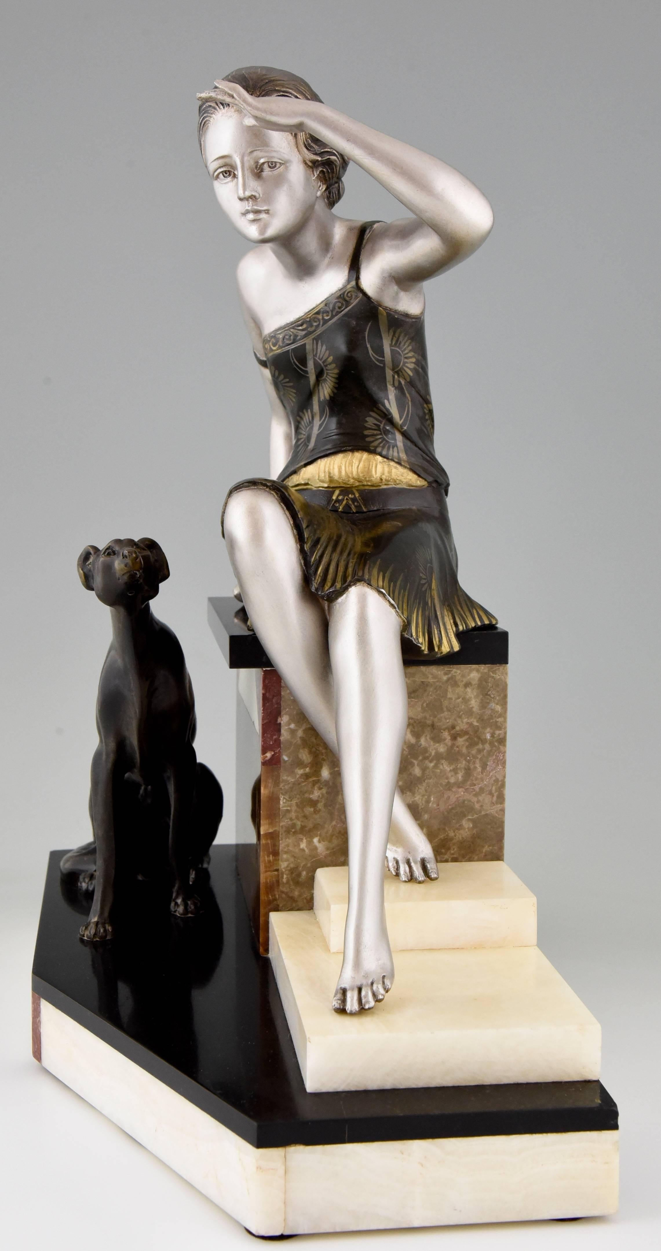 Patinated French Art Deco Sculpture Woman with Borzoi Dog by Uriano, 1930