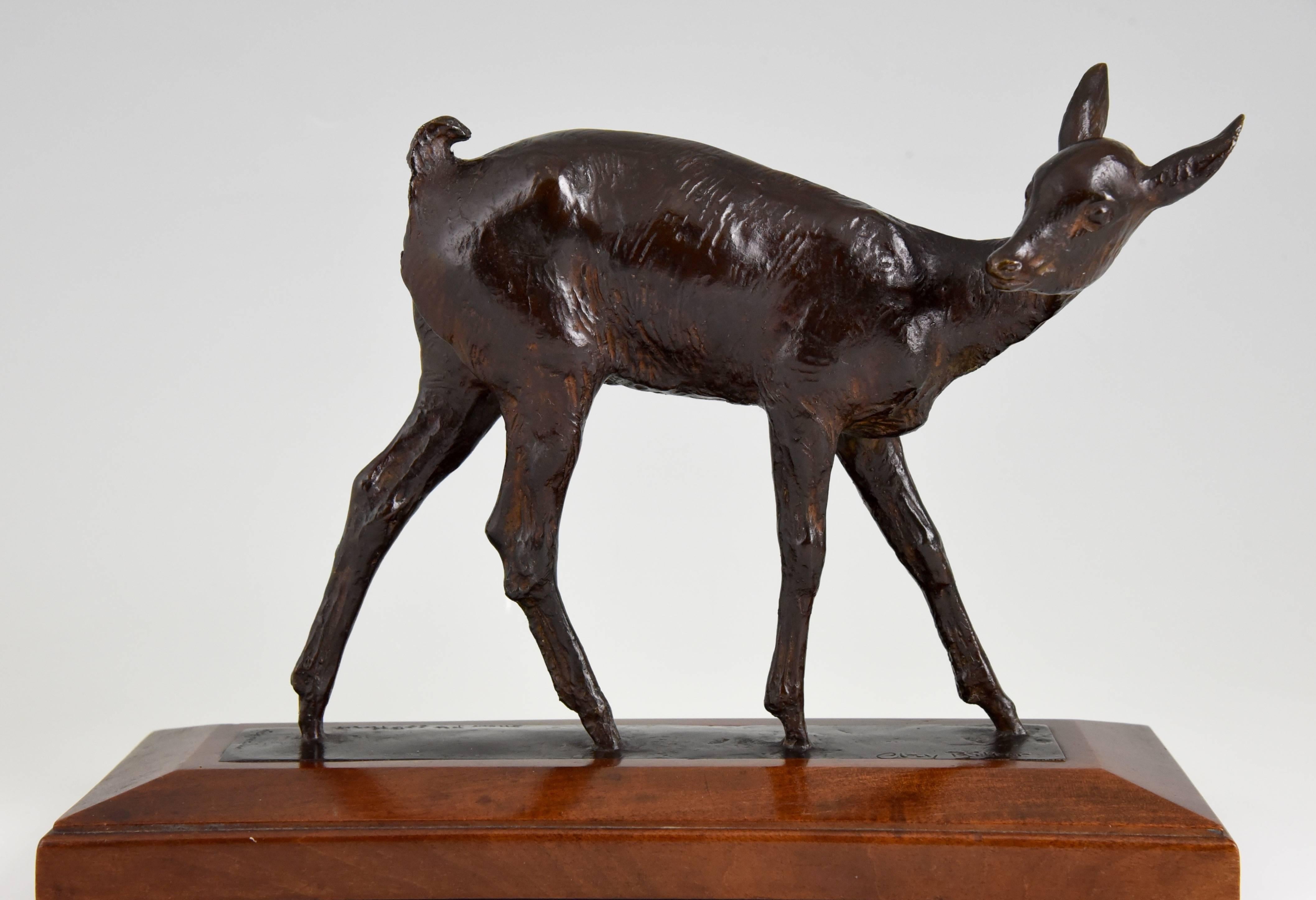 French Art Deco bronze sculpture of a deer fawn by Ary Bitter, 1930.

Artist/ Maker: Ary Bitter.
Signature/ Marks: Ary Bitter , Susse Freres Ed. Paris.  Cire Perdue.
Style: Art Deco.
Date: 1925-1930.
Material: Bronze, wooden base.
Origin: