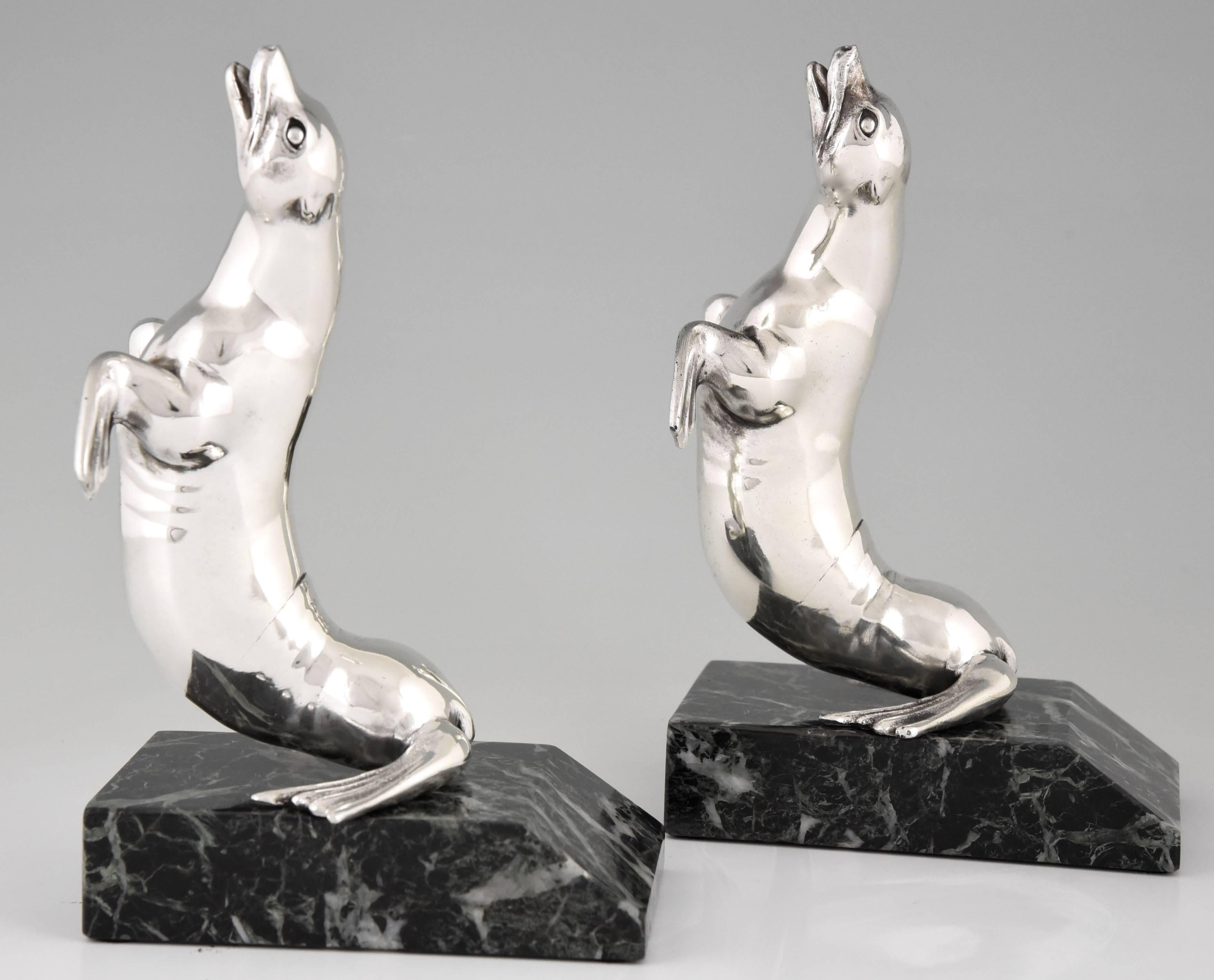 Marble Art Deco Silvered Seal Bookends by Carvin, 1930 france