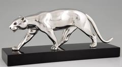 French Art Deco Silvered Bronze Panther Sculpture Alexandre Ouline, 1930