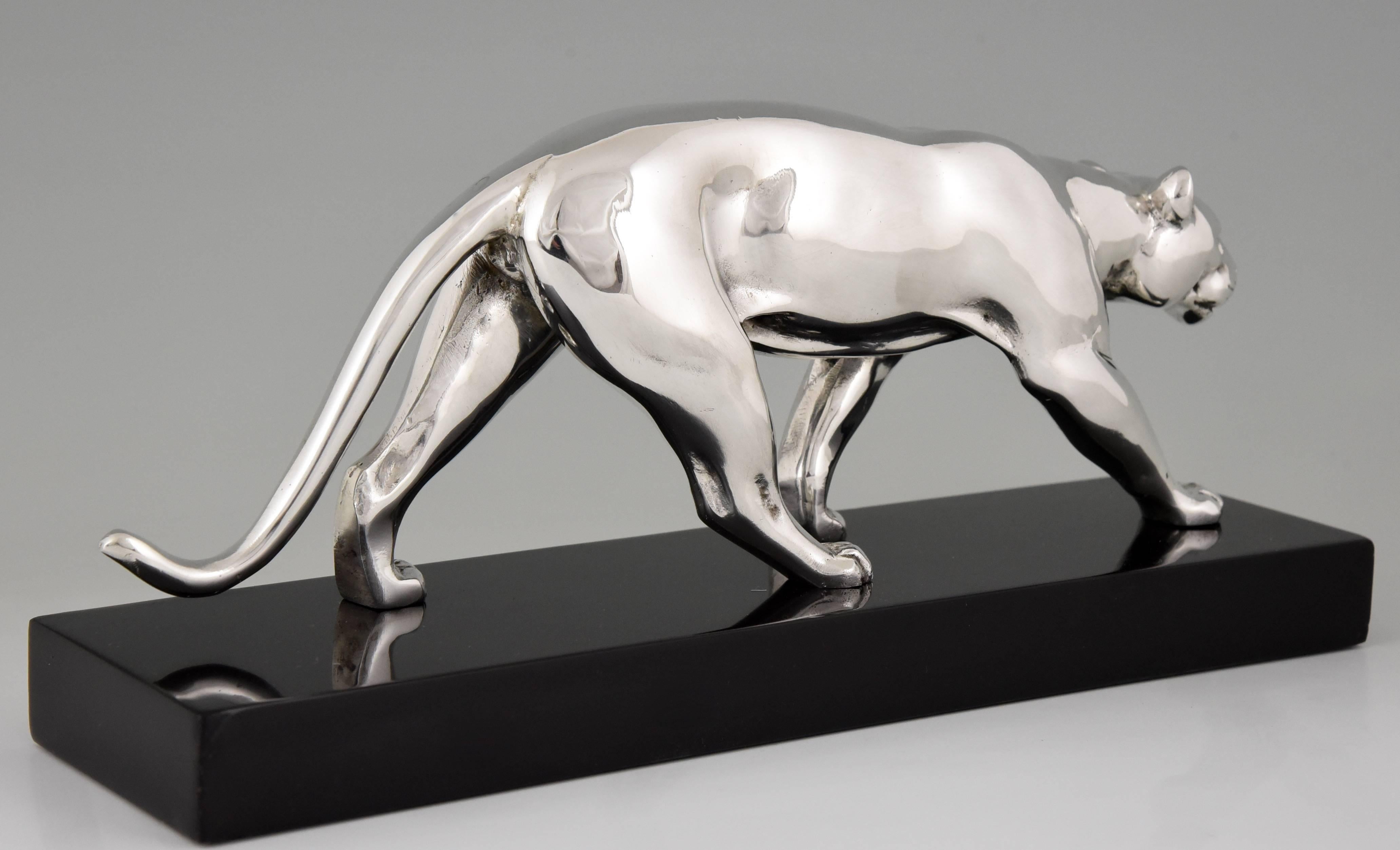 French Art Deco Silvered Bronze Panther Sculpture Alexandre Ouline, 1930 1