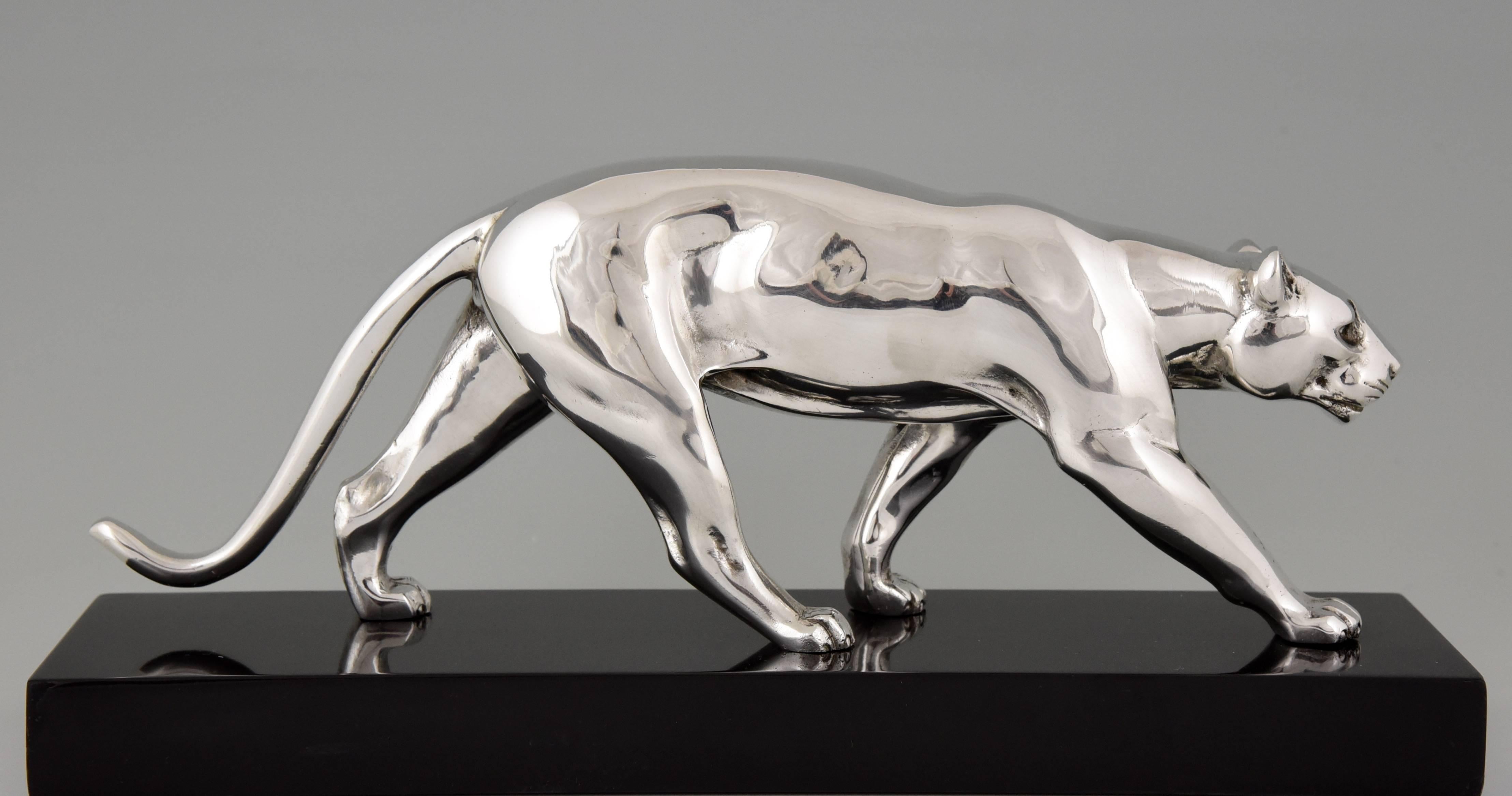 20th Century French Art Deco Silvered Bronze Panther Sculpture Alexandre Ouline, 1930