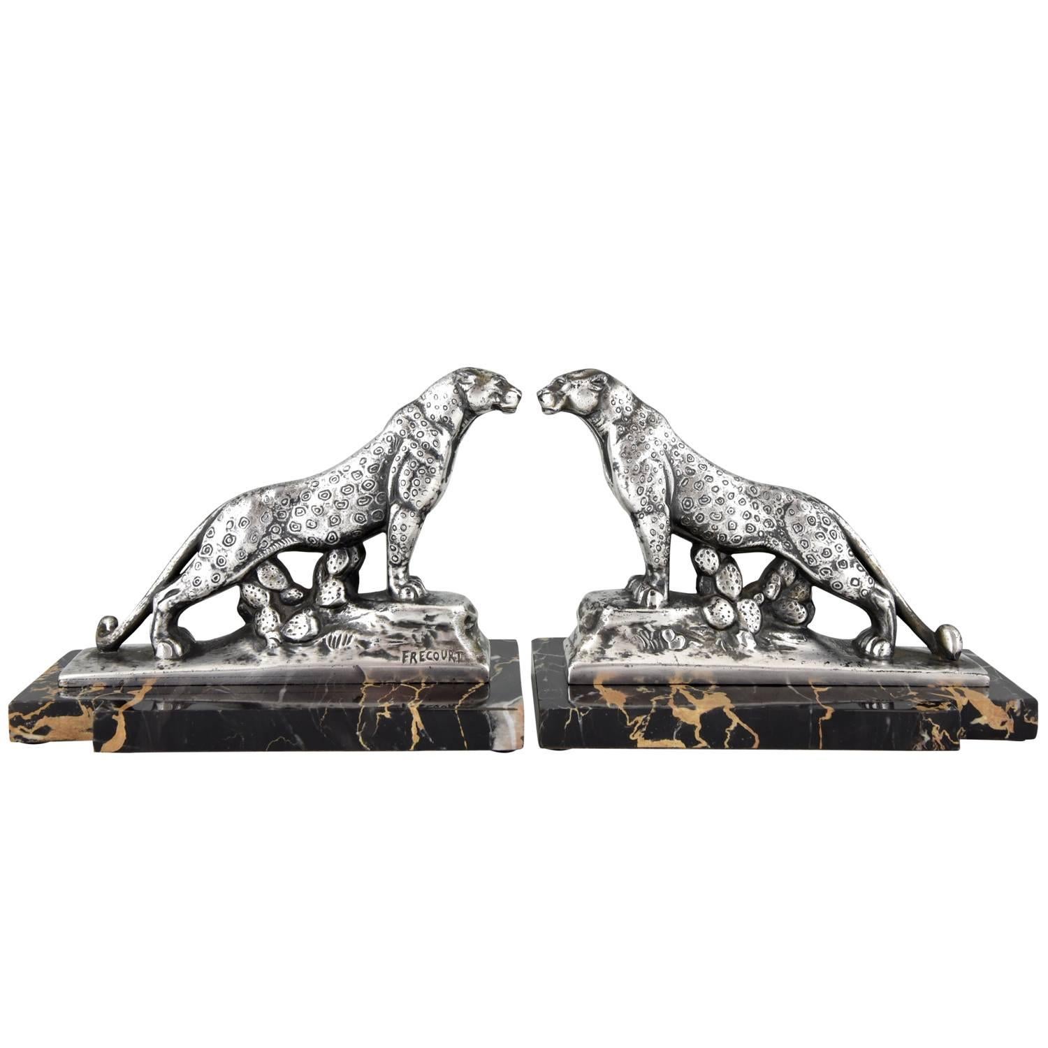 French Art Deco Panther Leopard Bookends by Maurice Frecourt, 1930