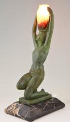 French Art Deco Lamp Nude with Glass Urn "Vers L'oasis" Pierre Le Faguays, 1930