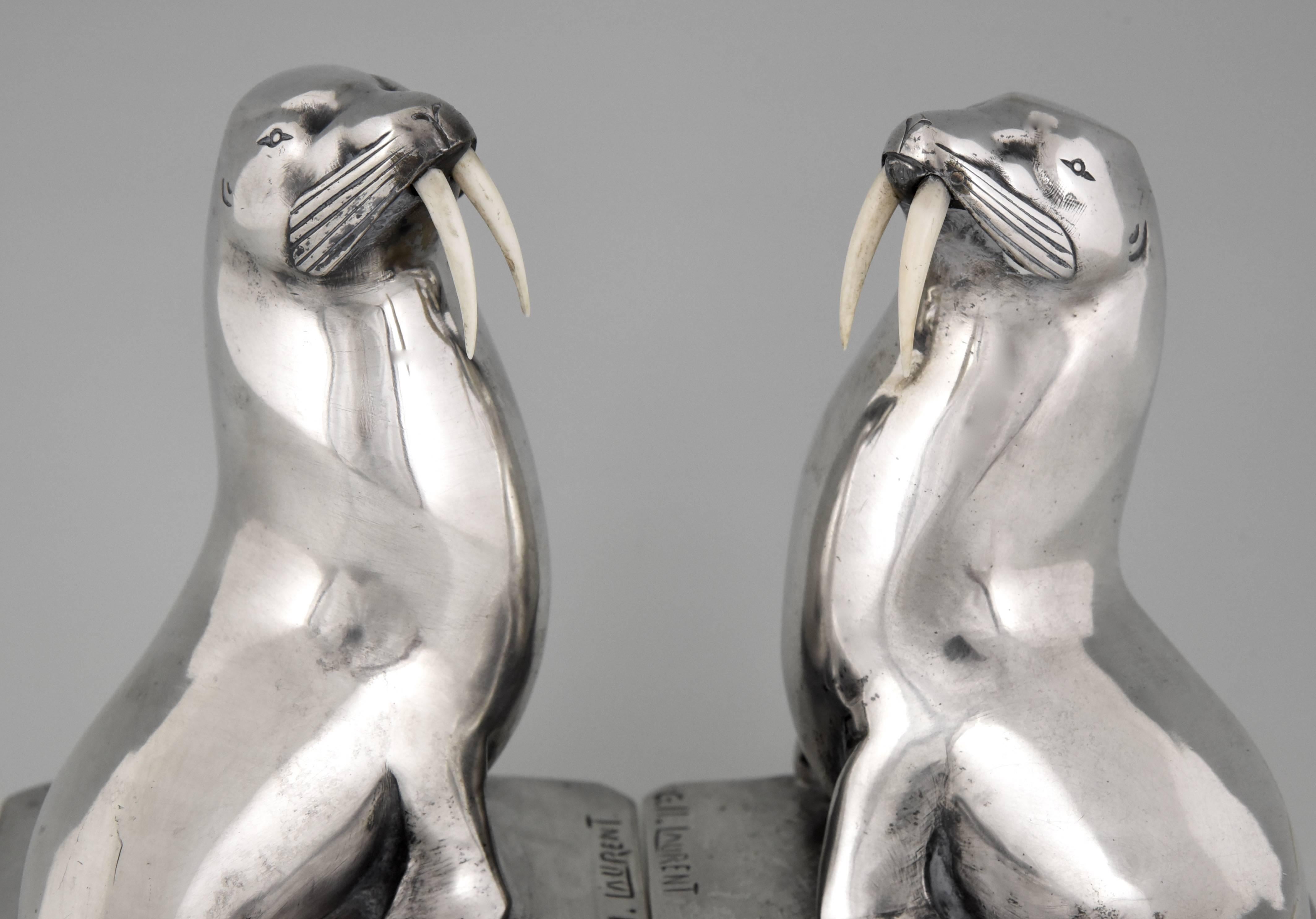 Art Deco Silvered Bronze Walrus Bookends by G. H. Laurent France 1