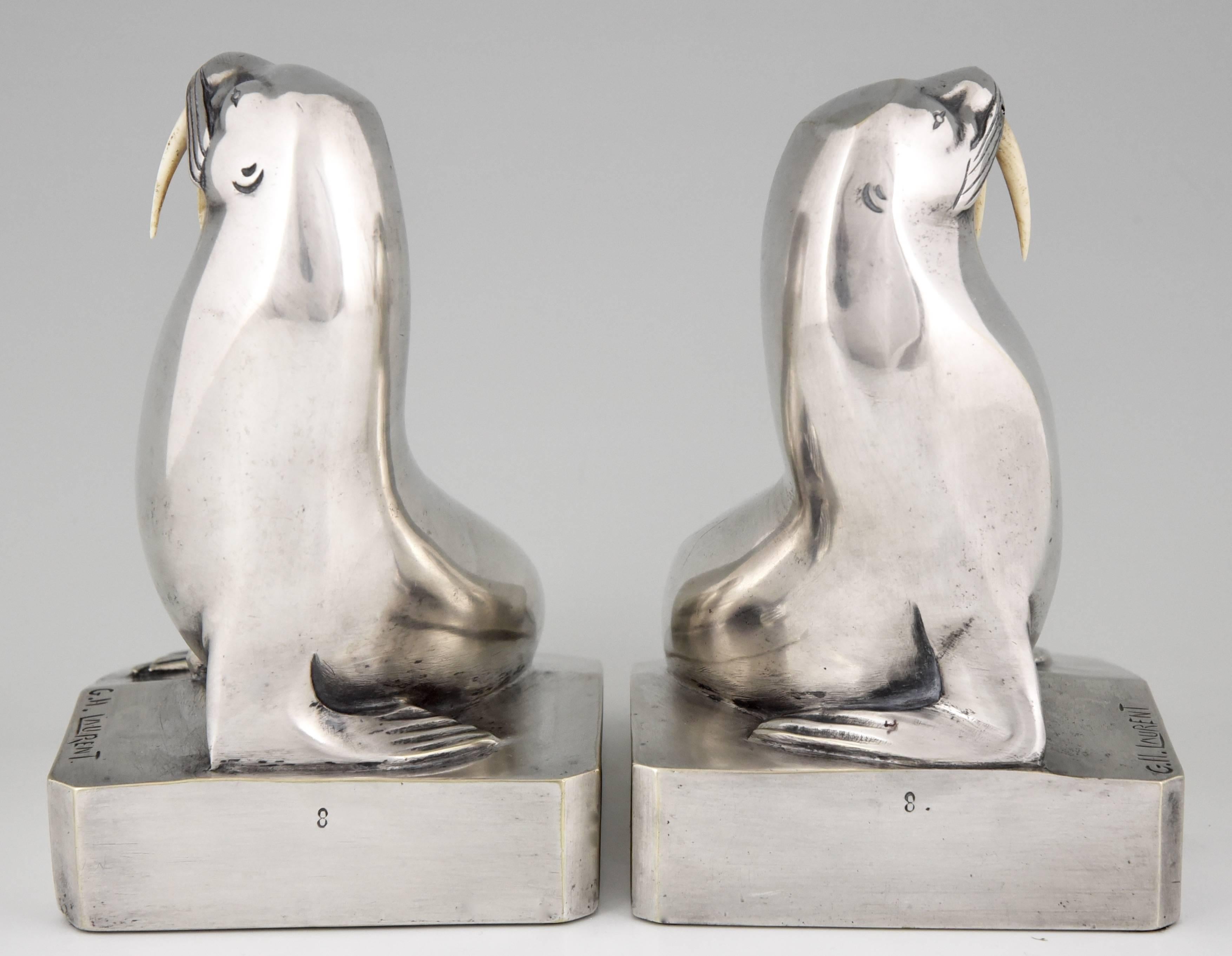 French Art Deco Silvered Bronze Walrus Bookends by G. H. Laurent France