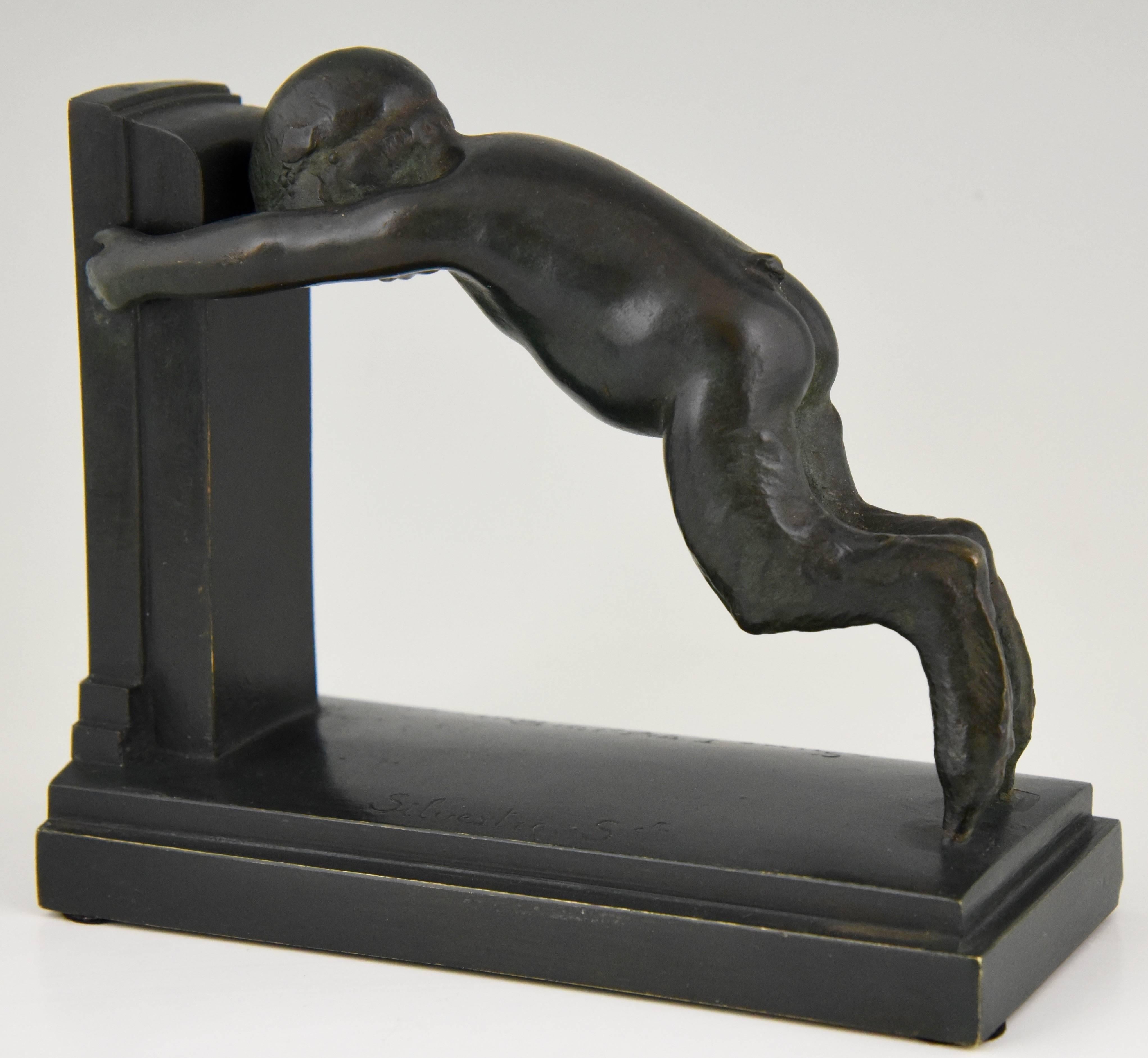 Art Deco Bronze Bookends Young Satyrs by Paul Silvestre, 1920 France 2