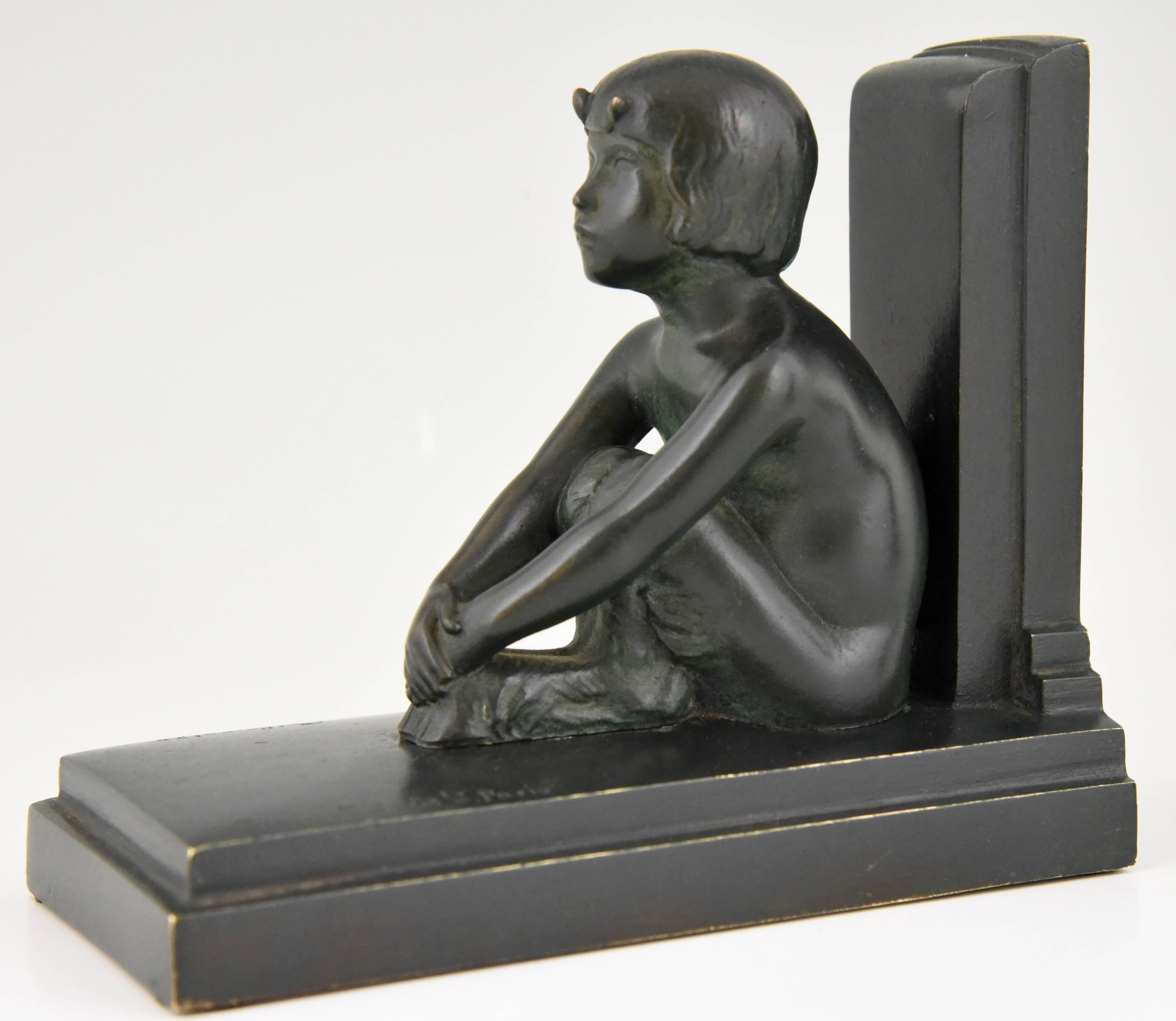 Art Deco Bronze Bookends Young Satyrs by Paul Silvestre, 1920 France 1
