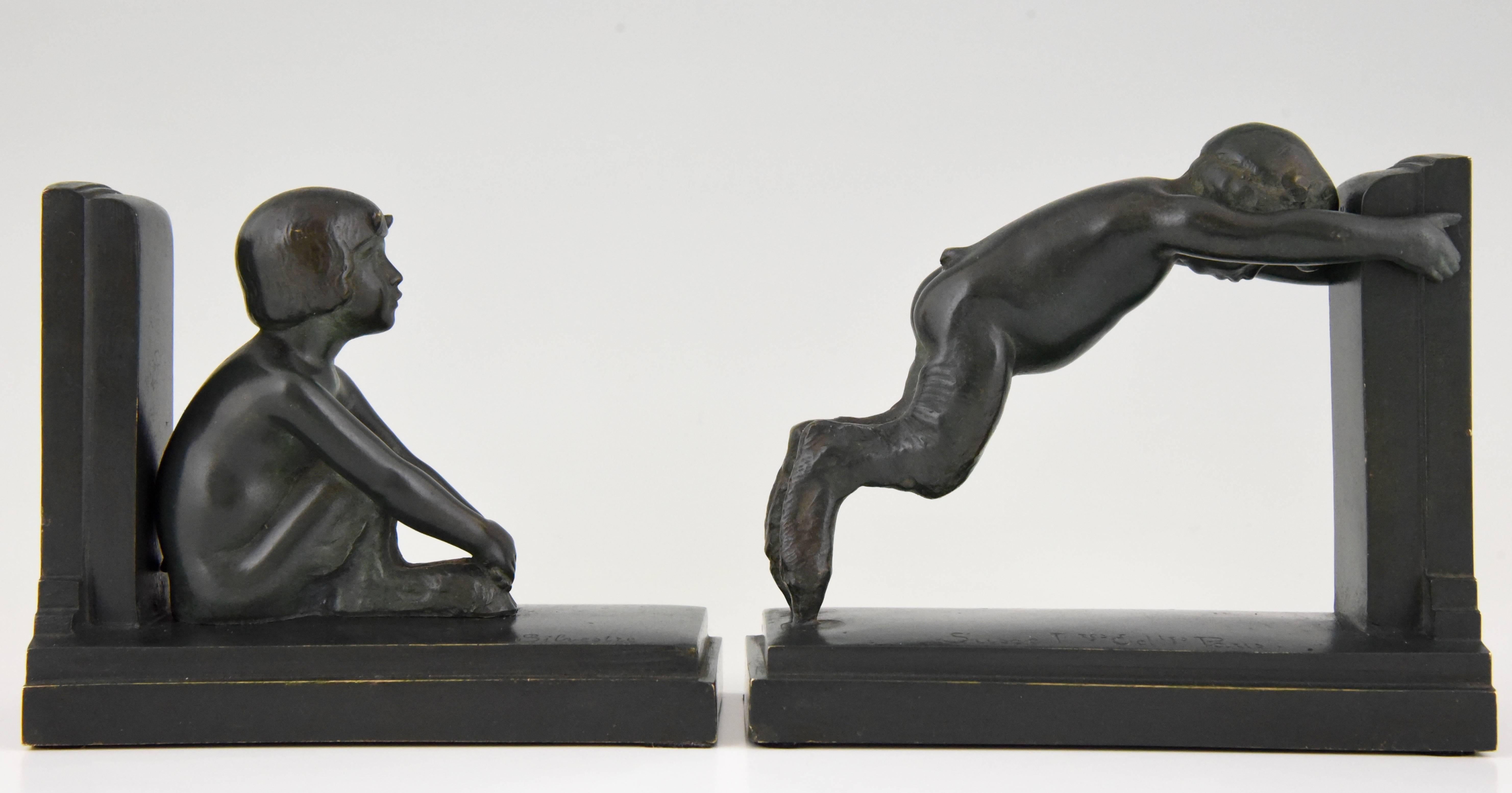 Art Deco Bronze Bookends Young Satyrs by Paul Silvestre, 1920 France In Excellent Condition In Antwerp, BE