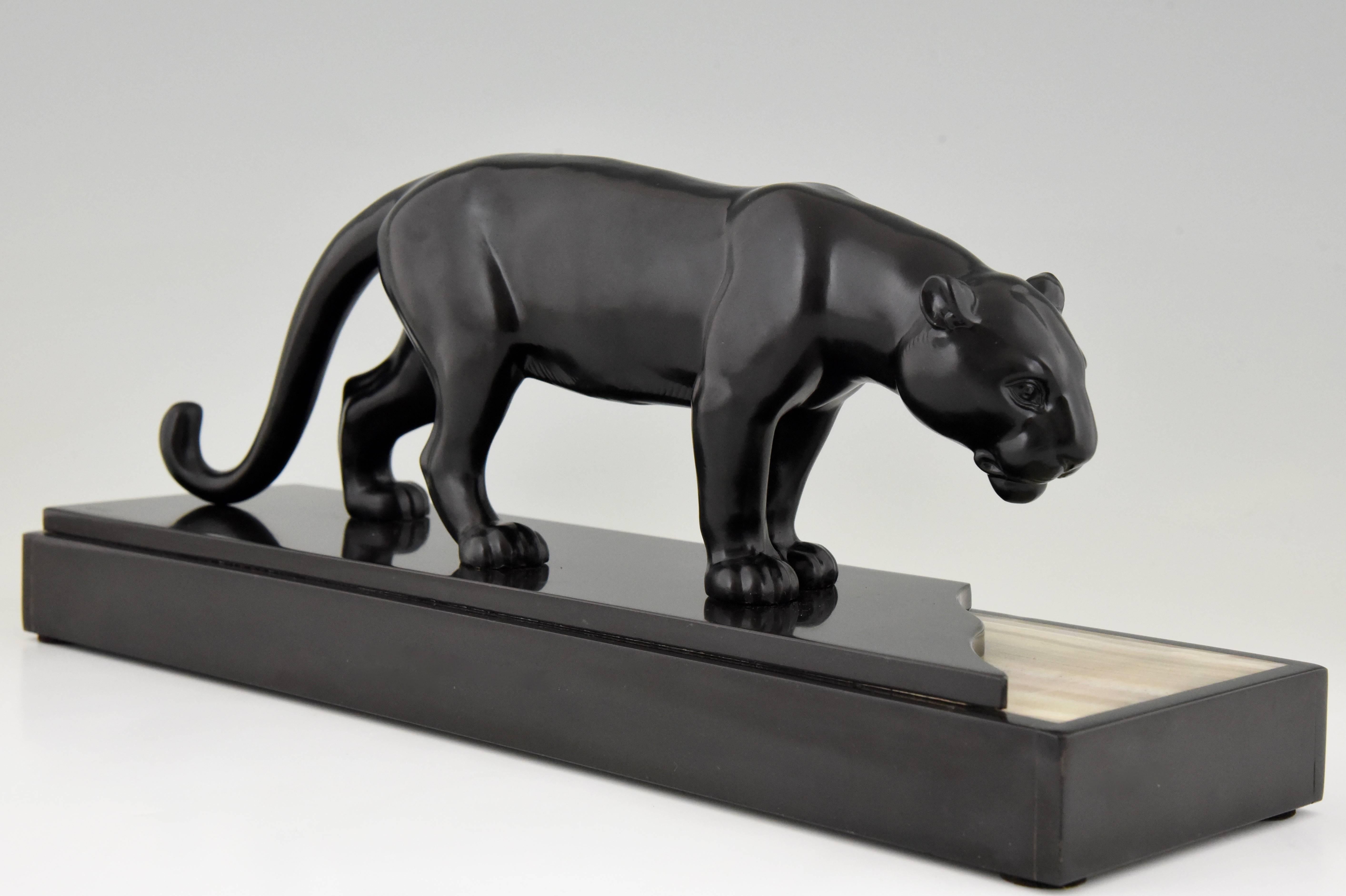 Metal French Art Deco Sculpture of a Drinking Panther by Luc, 1930