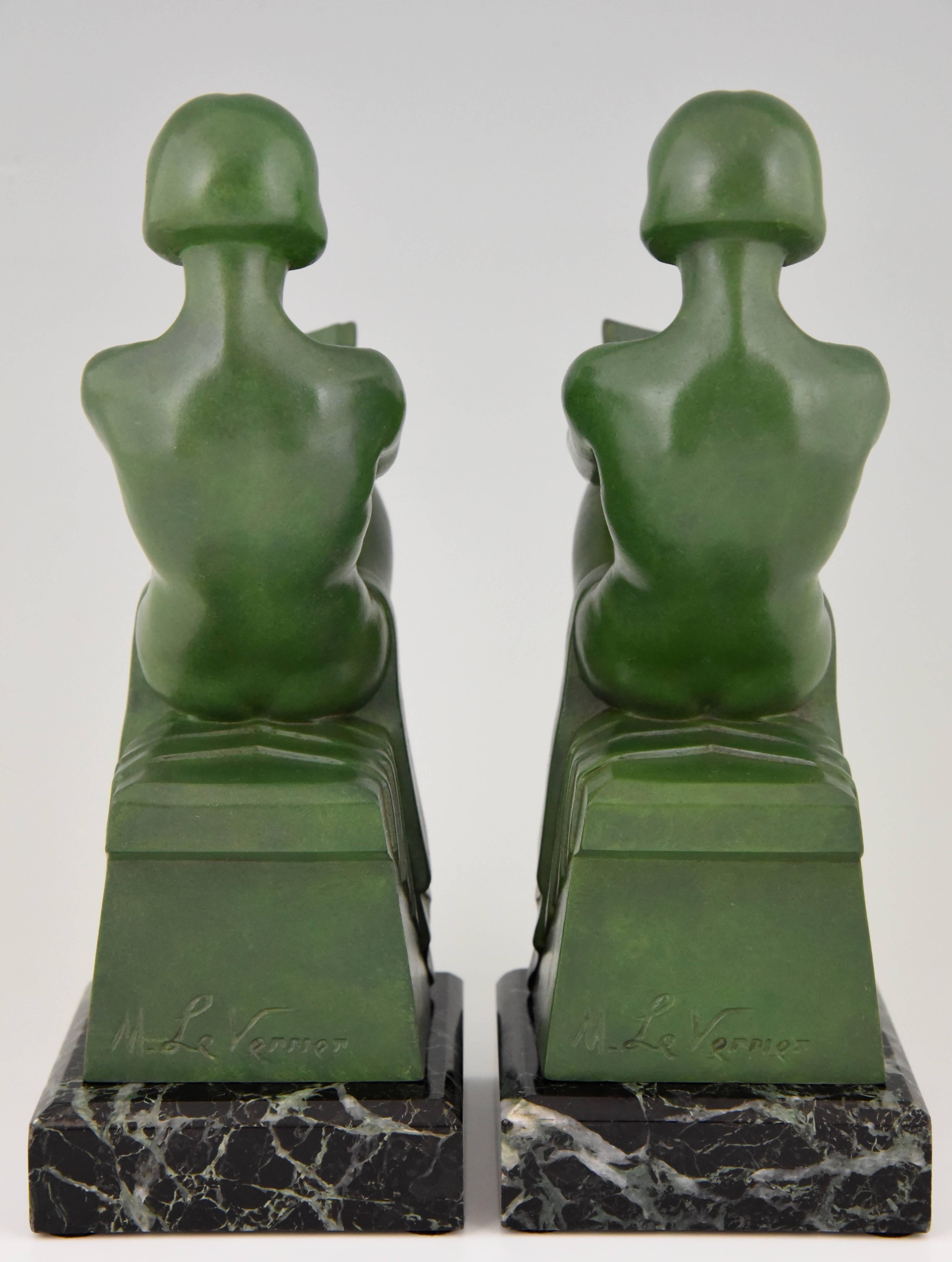 20th Century French Art Deco Bookends with Reading Nudes by Max Le Verrier, 1930