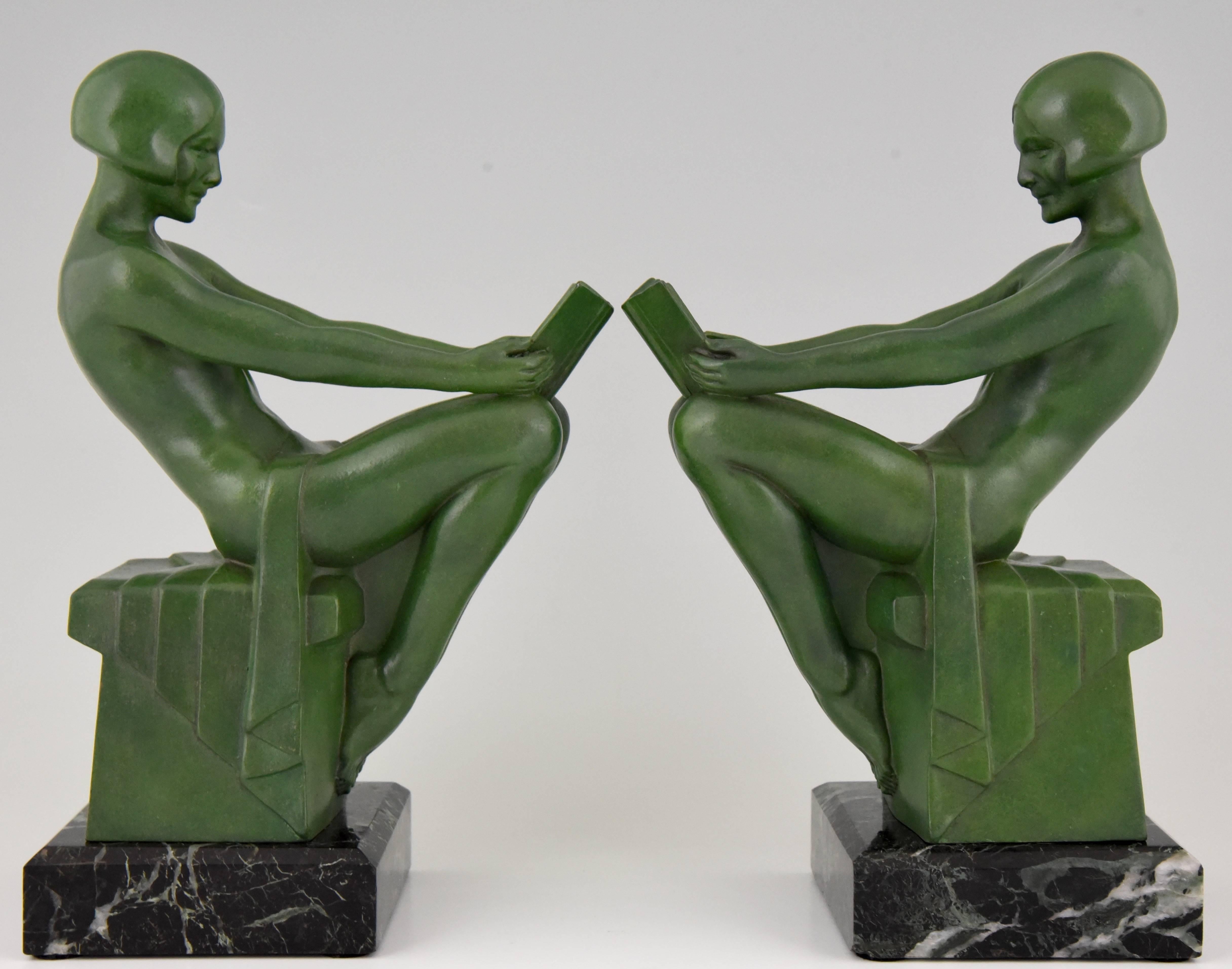 Patinated French Art Deco Bookends with Reading Nudes by Max Le Verrier, 1930